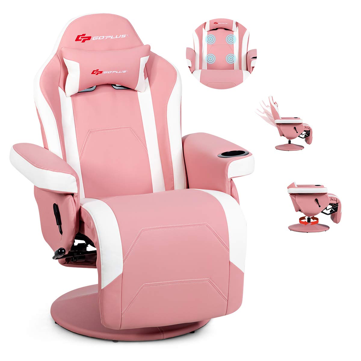 Powerstone Ergonomic Gaming Recliner Chair with Massage, Cup Holder & Footrest - PU Leather Video Game Chair with Adjustable Backrest & Side Pouch - Pink Gaming Sofa for Living Room, Home Theater & Esports Setup