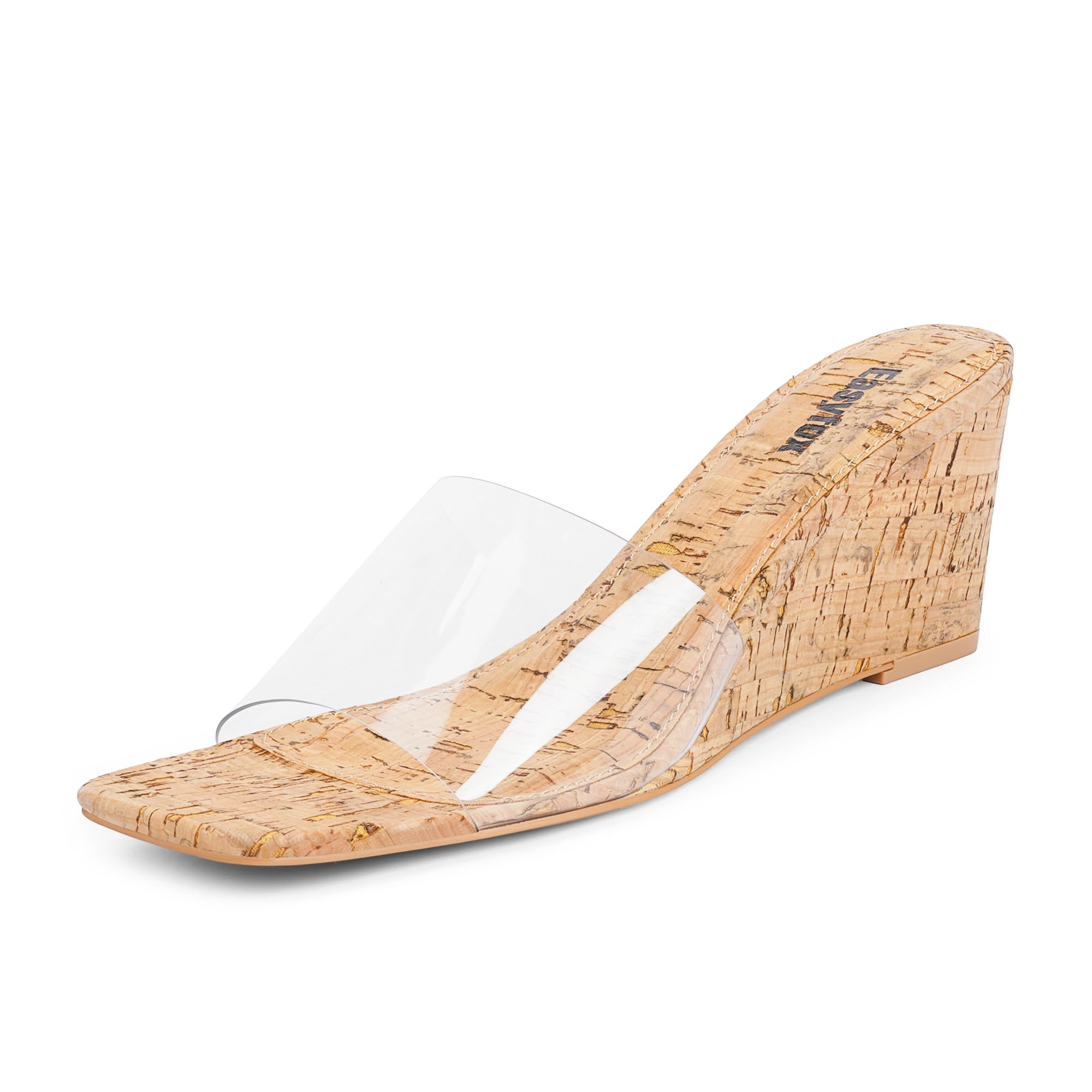 Women's Open Toe Wedge Sandals with Square Toe & Wood Grain Heel - Slip On High Heel Mules for Summer Outfits, Beach Vacations & Casual Wear