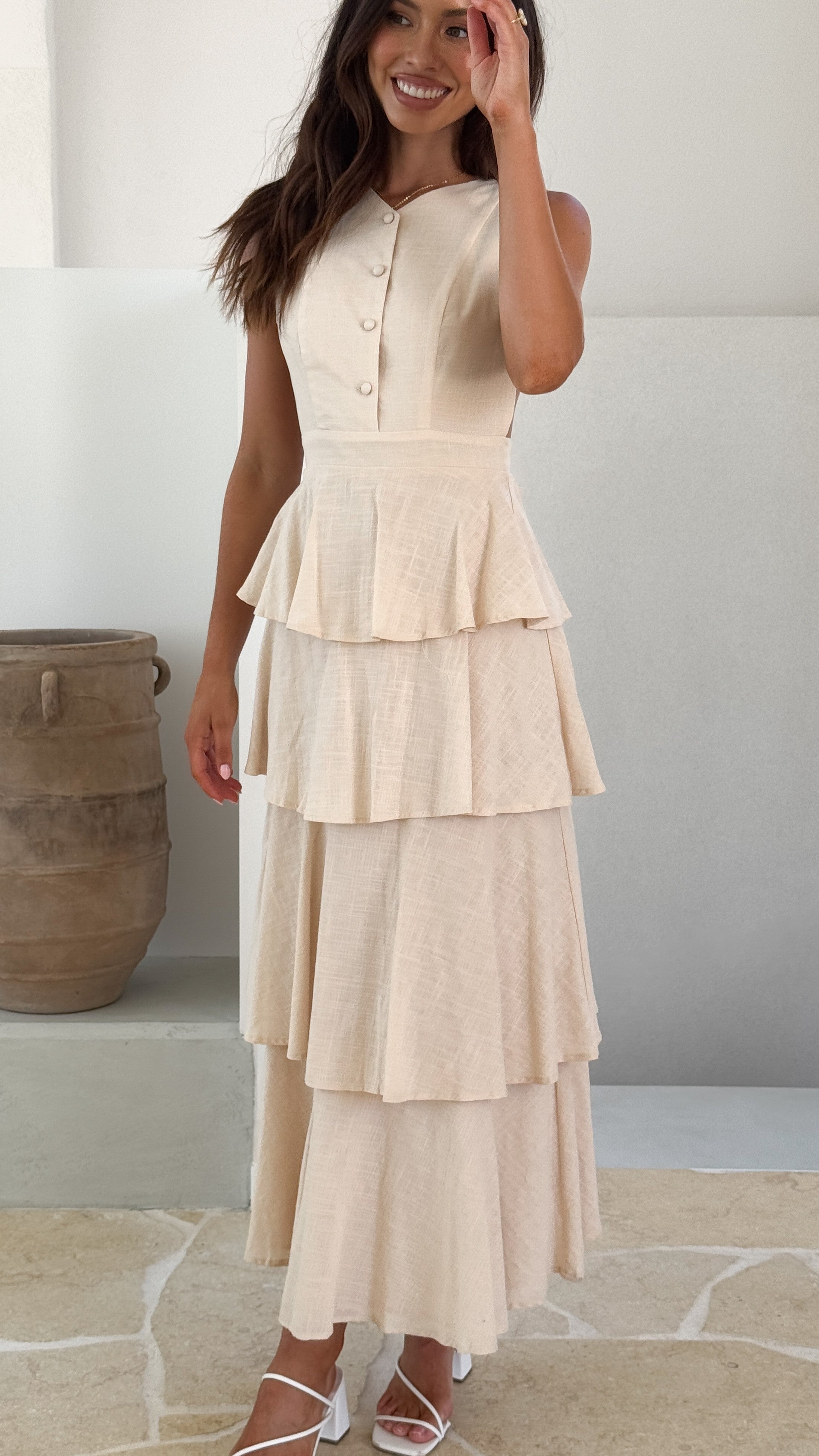 Anastasia Backless Maxi Dress in Oat - Elegant Long Formal Gown for Weddings, Parties & Special Occasions