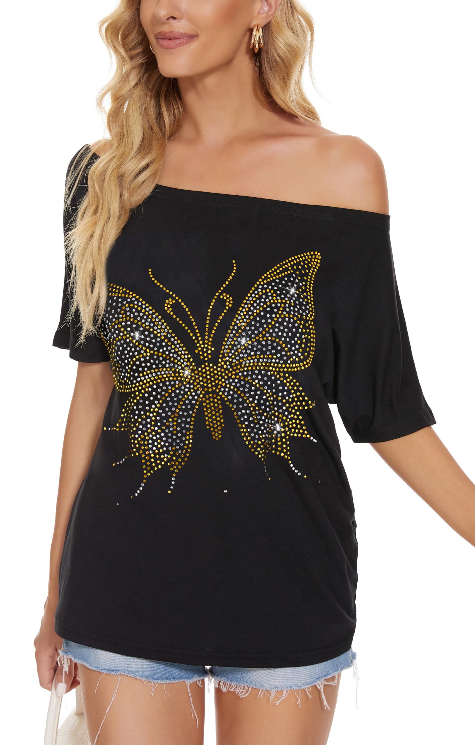 Women's Off The Shoulder Shiny Shirts - Short Sleeve Metallic Dolman Tops for Regular & Plus Size | Perfect for Party, Club, Date Night & Casual Wear