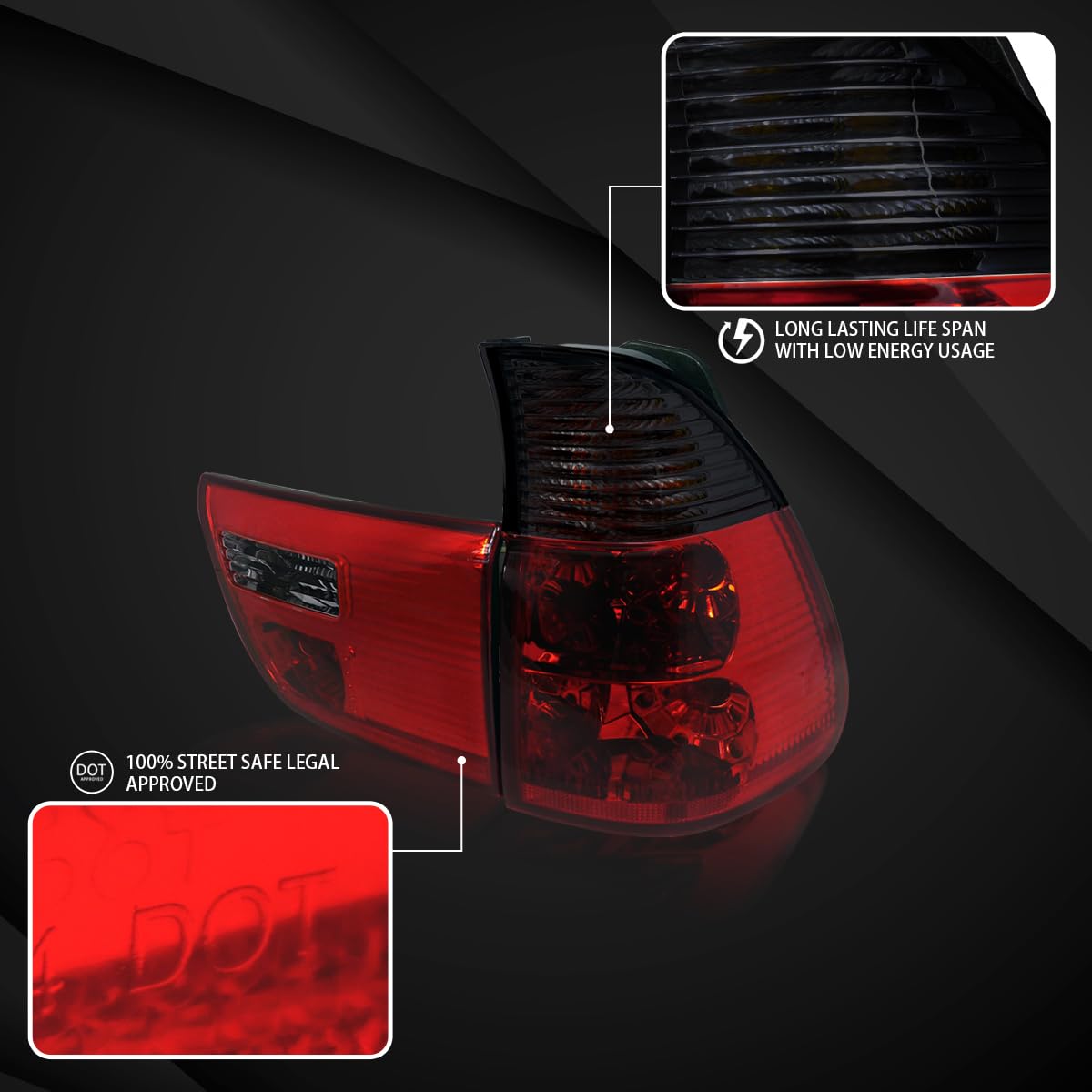 AUTOZENSATION Red Smoke Lens Tail Lights Pair for 2000-2006 BMW E53 X5 - Left & Right Assembly - Enhances Rear Visibility & Style for Night Driving
