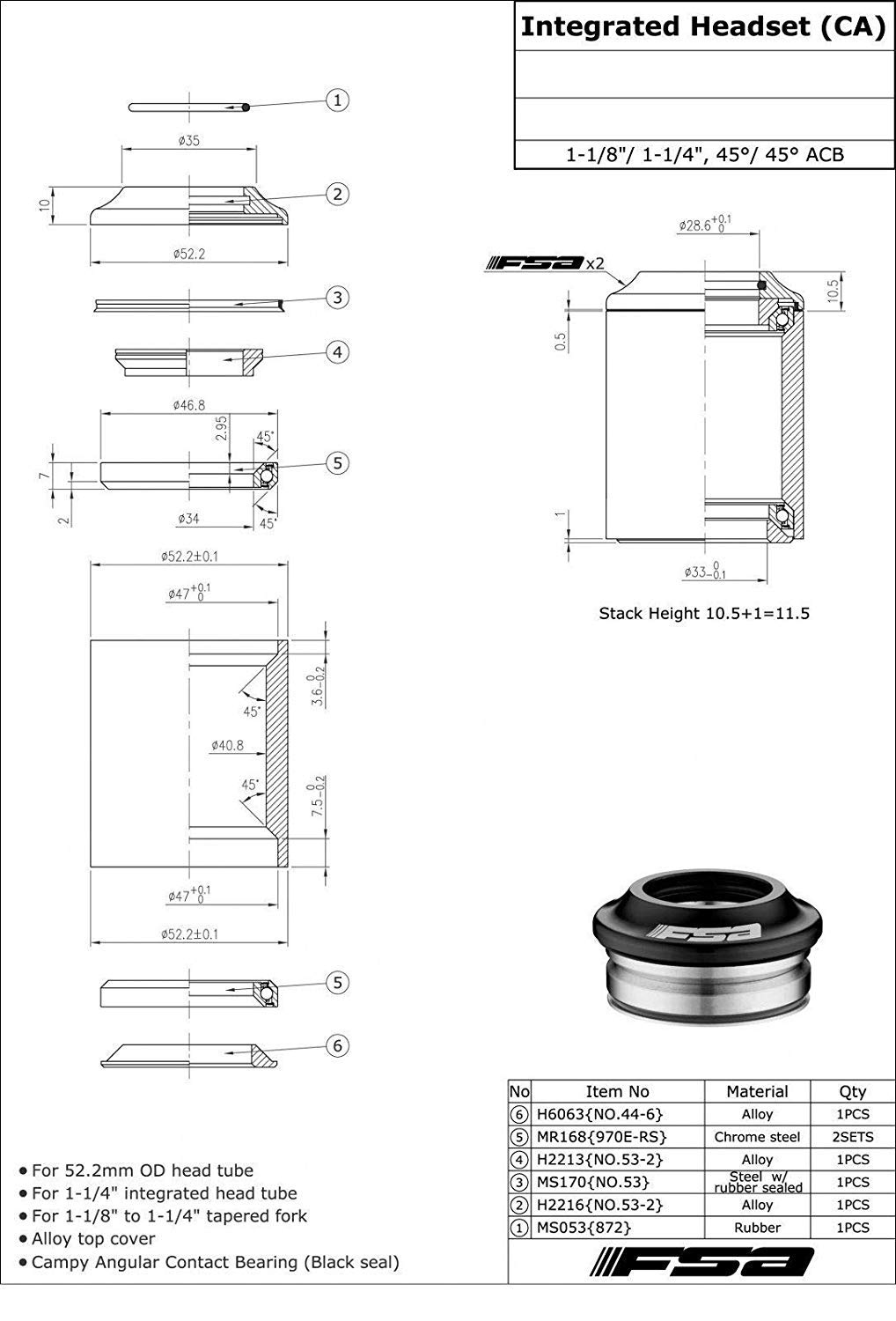 FSA No.53-1 1-1/8Inch to 1-1/4Inch Integrated Bicycle Headset with Top Cap - XTE1670 - Compatible with Road Bikes, Mountain Bikes & BMX