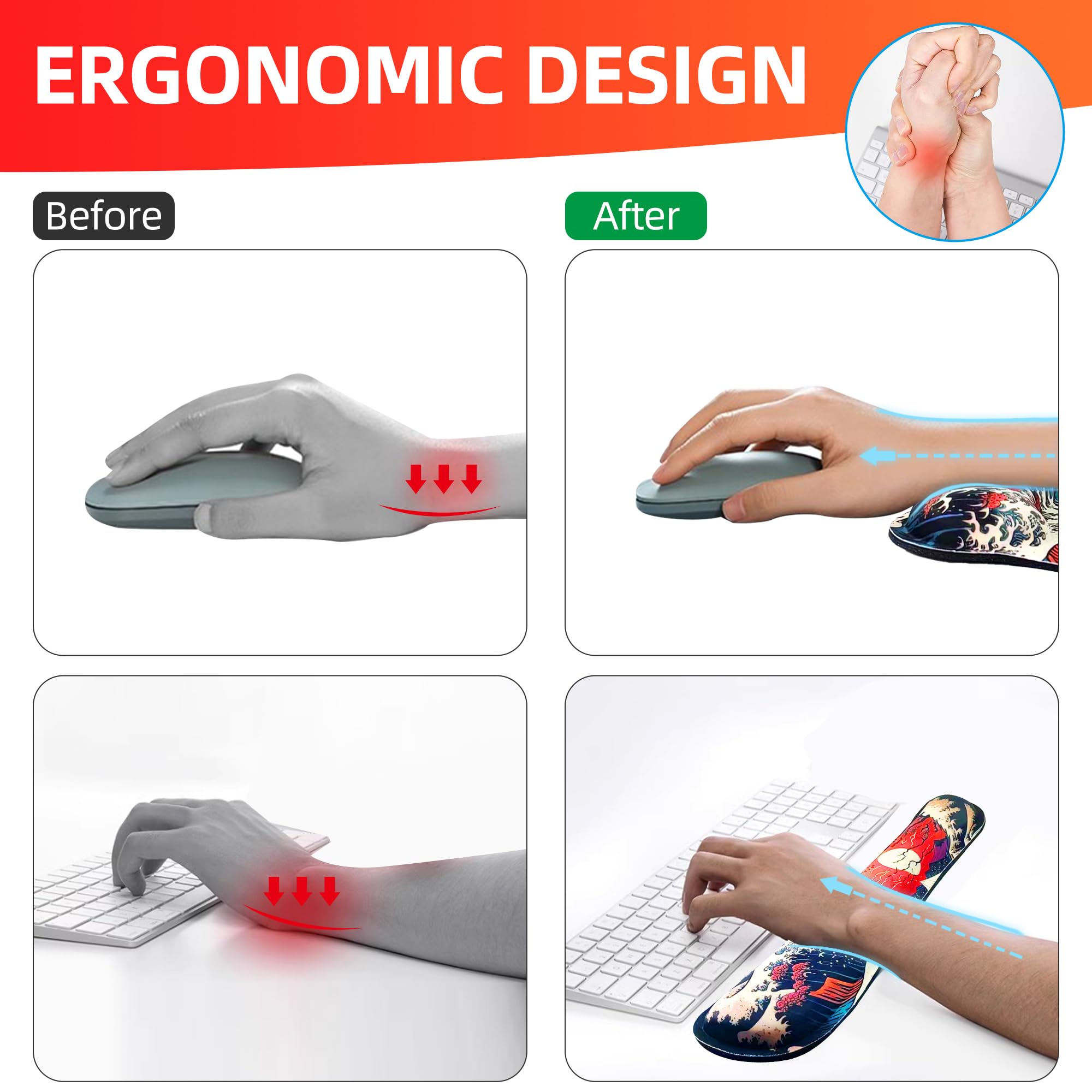 Large Ergonomic Gaming Mouse Pad Set with Wrist Rest - Waterproof, Non-Slip Rubber Base Computer Desk Mat for Comfortable Typing & Pain Relief - Perfect for PC Gamers, Office Workers & Long Computer Sessions
