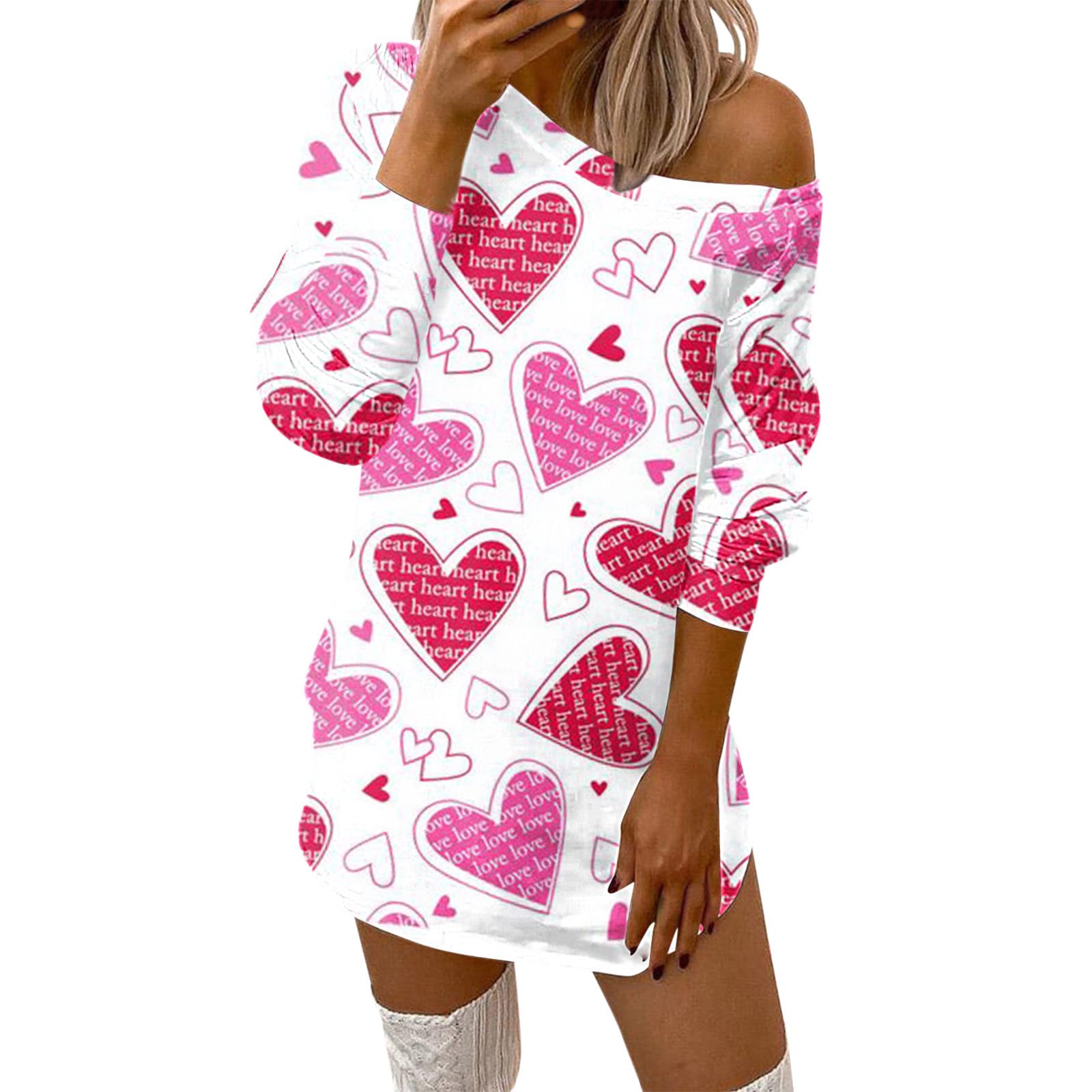 Women's Summer Casual Off-The-Shoulder Dress - Valentine's Day Love Print Fashionable & Comfortable Sexy Dress for Date Night, Beach Vacation & Party Wear