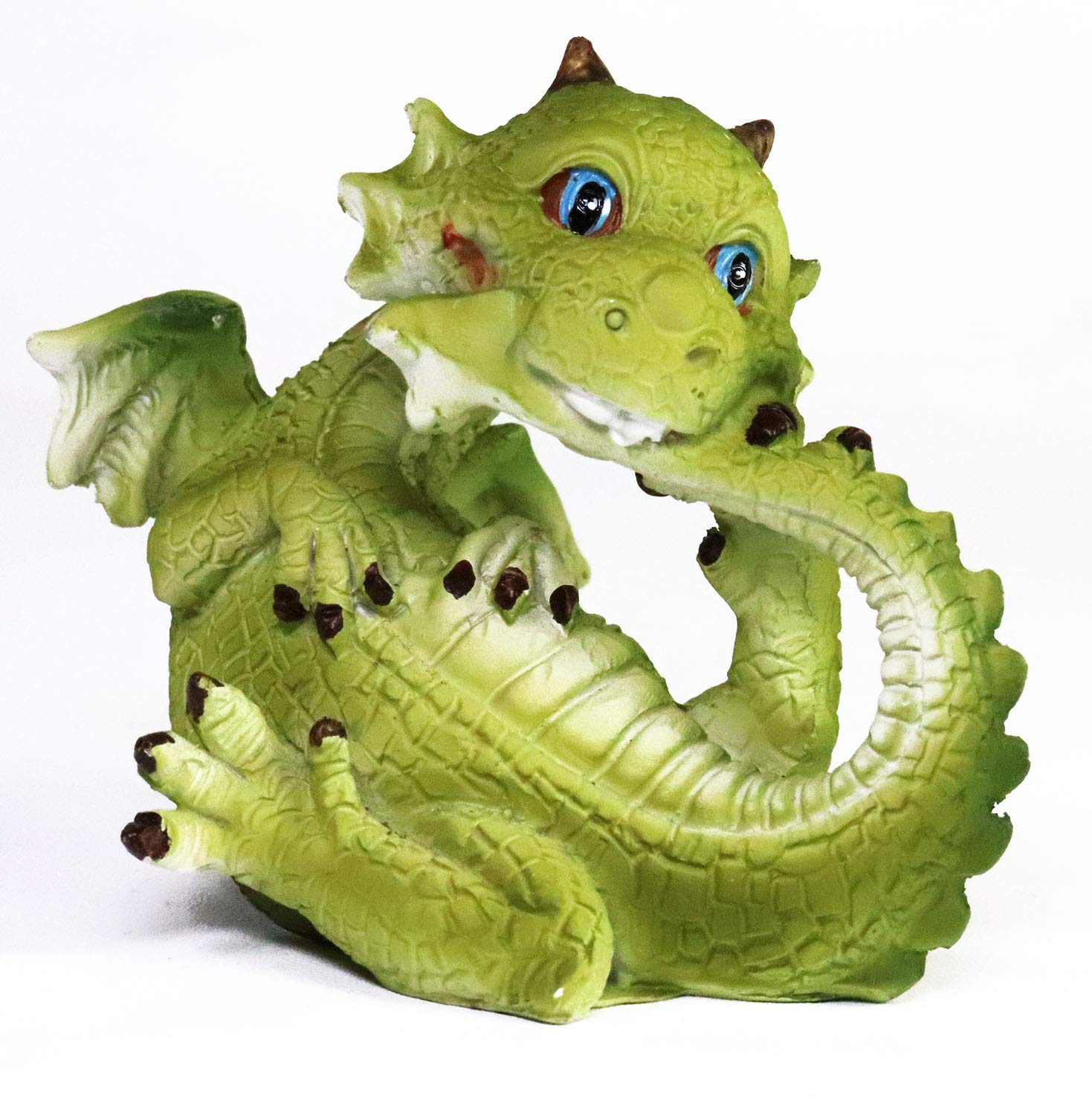 2 Pack Blue-Eyed Baby Dragon Figurines with Buck Teeth - Tommy & Sis Dragon Statue Set with Butterfly on Nose & Tail Biting Design - Perfect for Fantasy Decor, Kids Room, D&D Collectibles and Gift Giving