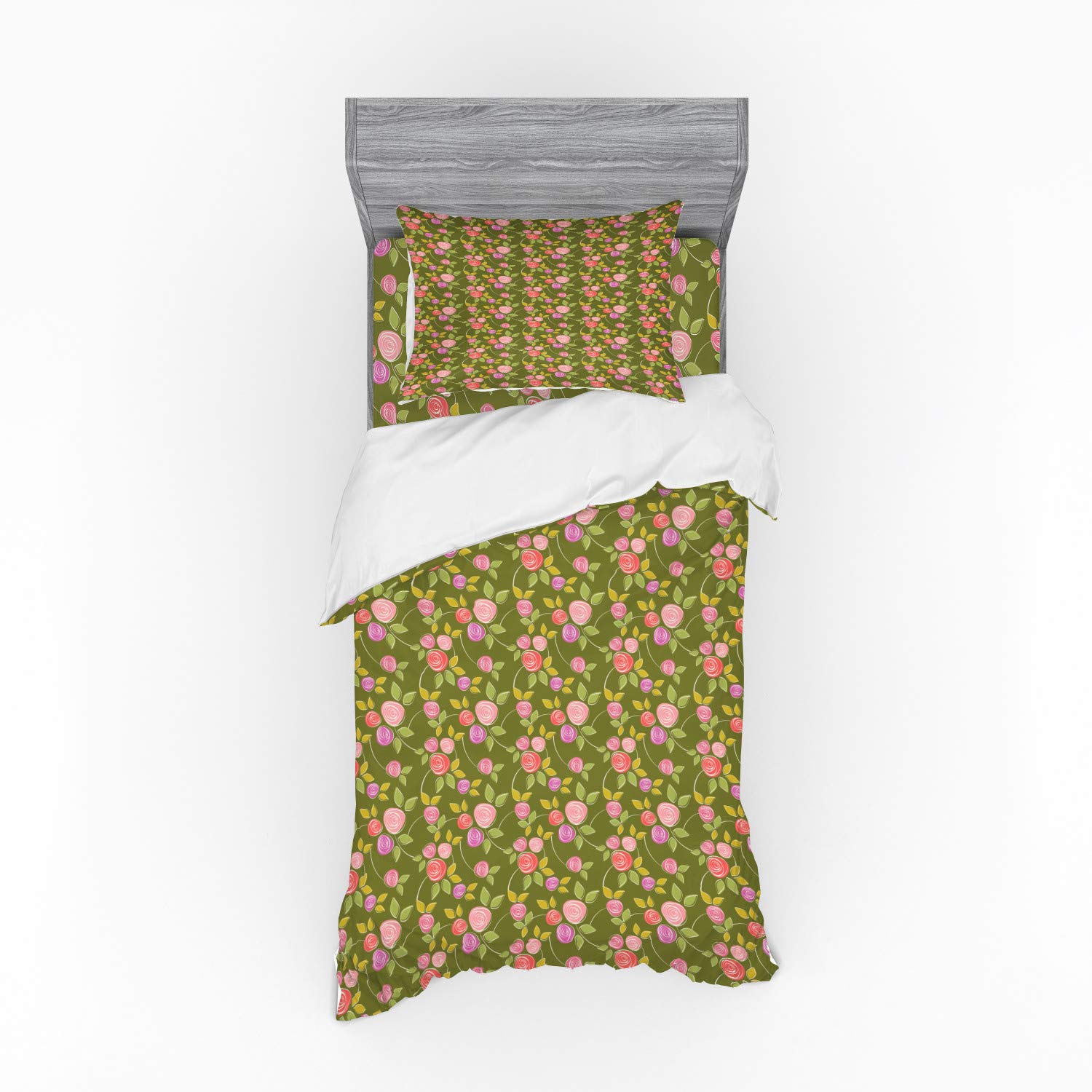 Ambesonne Rose Duvet Cover Set - Simplistic Sketch Rose Buds Spiral Petals with Curvy Stems Design, 3-Piece Bedding Set with Sham & Fitted Sheet, Twin XL Size, Multicolor | Perfect for Bohemian Bedroom Decor & Guest Room Makeover
