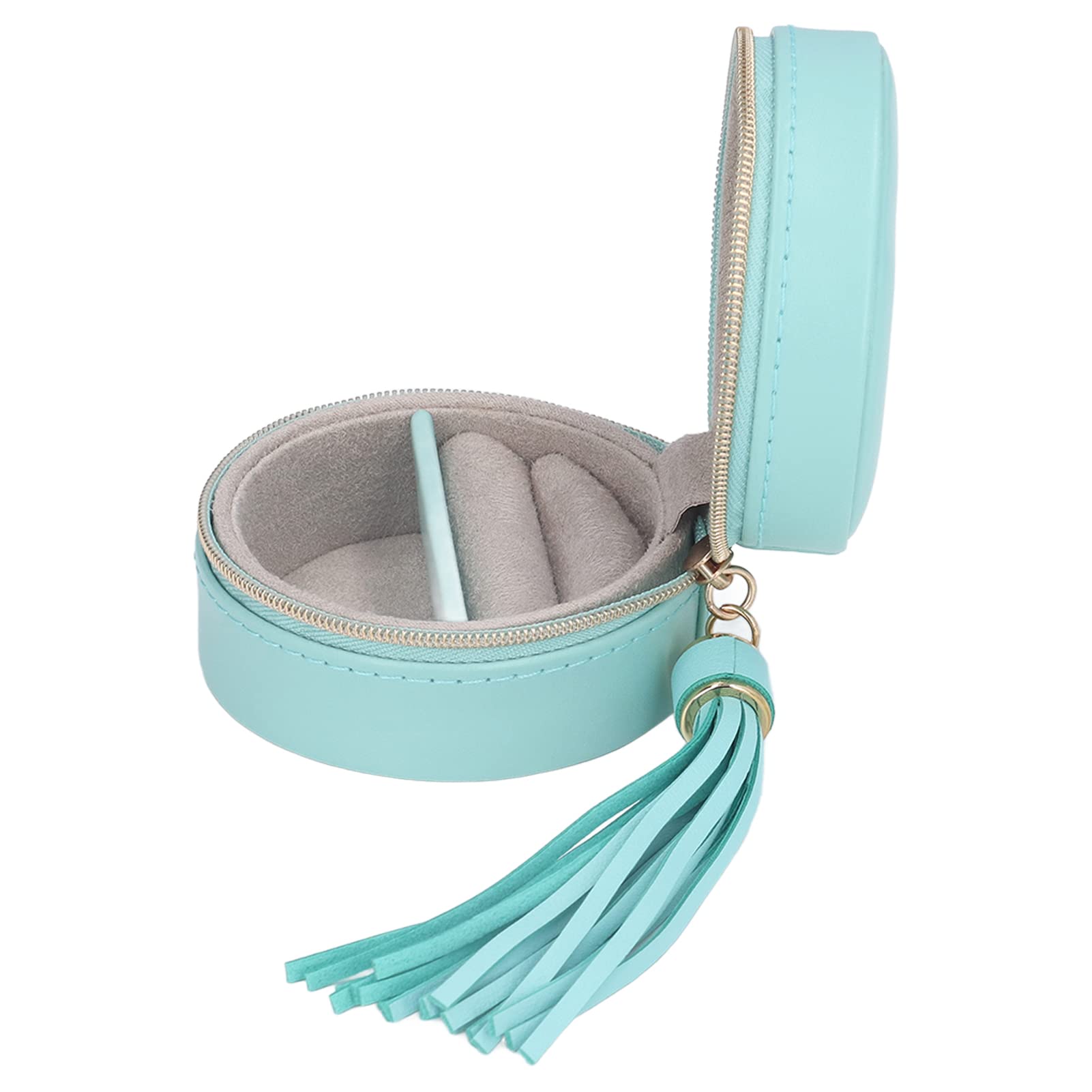 Compact Travel Jewelry Box - Portable Leather Round Storage Case with Zipper & Partition for Rings, Earrings & Necklaces | Perfect for Vacation, Business Trips & Daily Organization