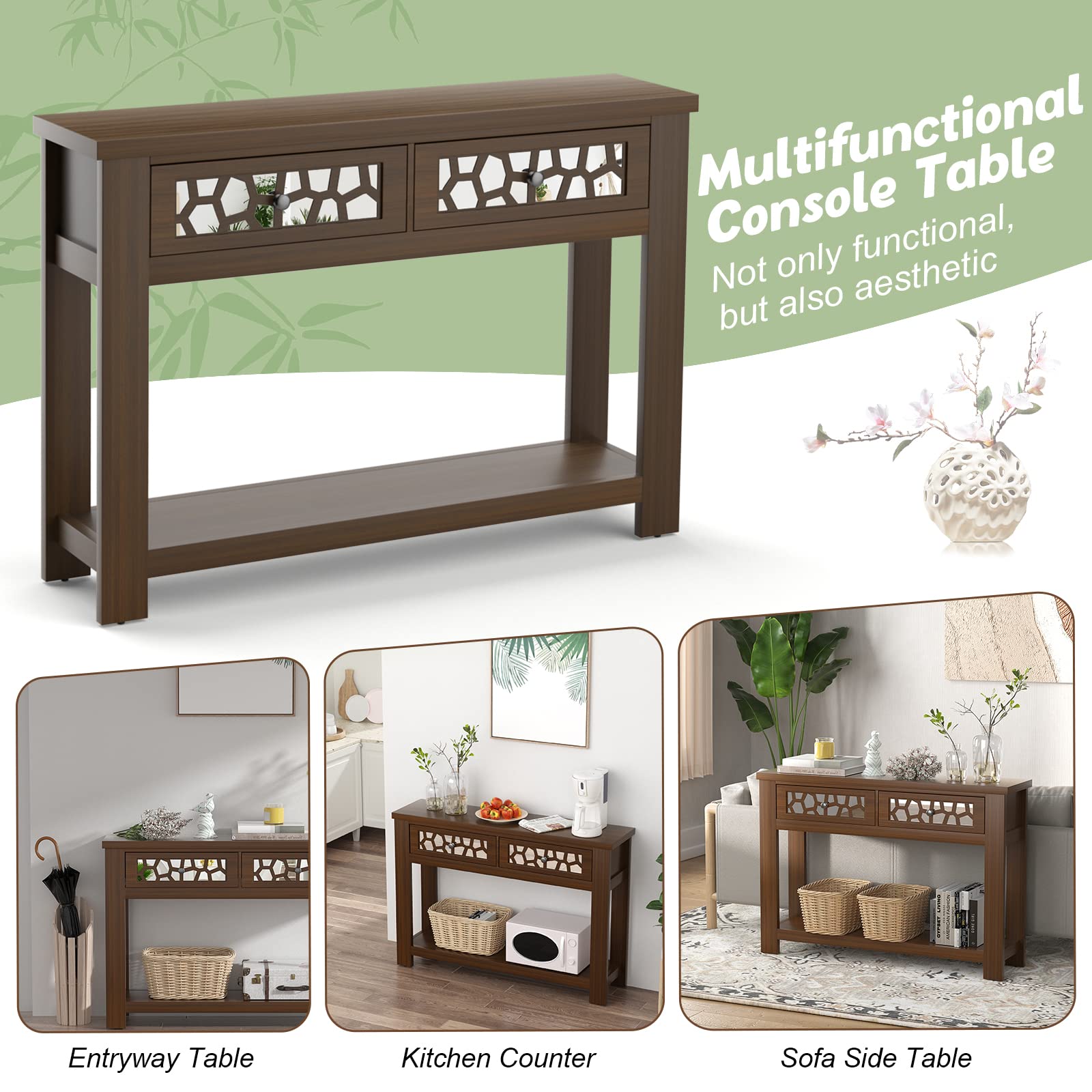 Giantex 2-Tier Wooden Console Table with 2 Drawers & Open Shelf - Rustic Brown Entryway Table for Living Room, Hallway & Foyer - Easy Assembly Rectangular Accent Table for Home Decor & Storage