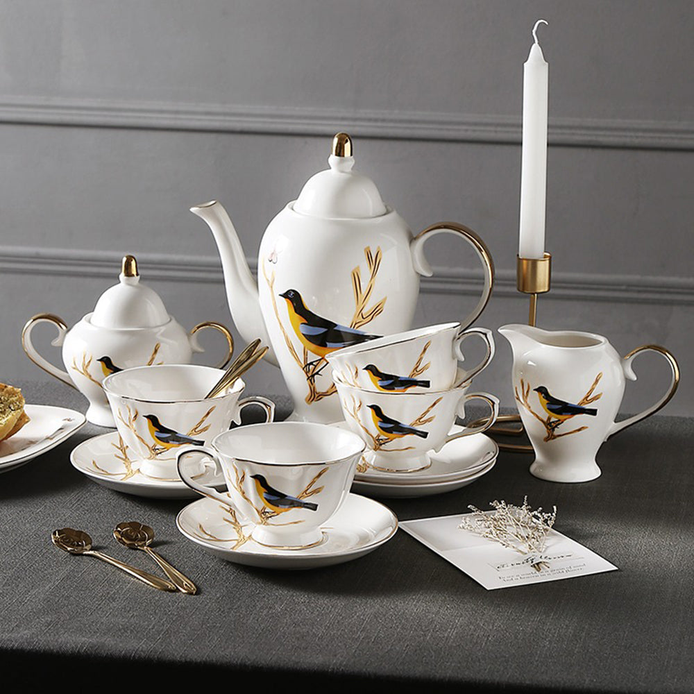 Premium British Bone China Magpie Tea Set - Elegant Floral Porcelain Tea Cup & Saucer Set for Afternoon Tea, Bridal Shower, and Luxury Gift Giving