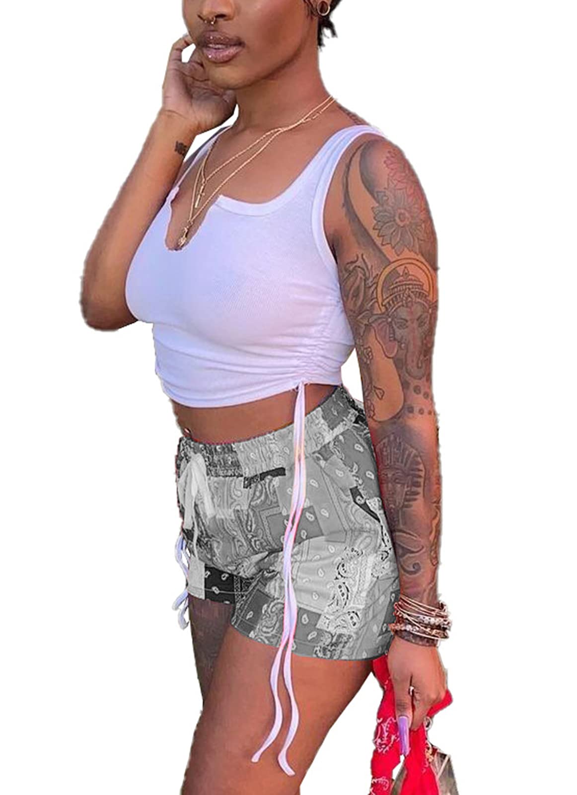 Acalyn Women's Sexy 2-Piece Short Sets - Summer Crop Top & Patchwork Shorts Outfit | Casual Wear, Beach Vacation, Street Fashion, Lounge Outfits for Women