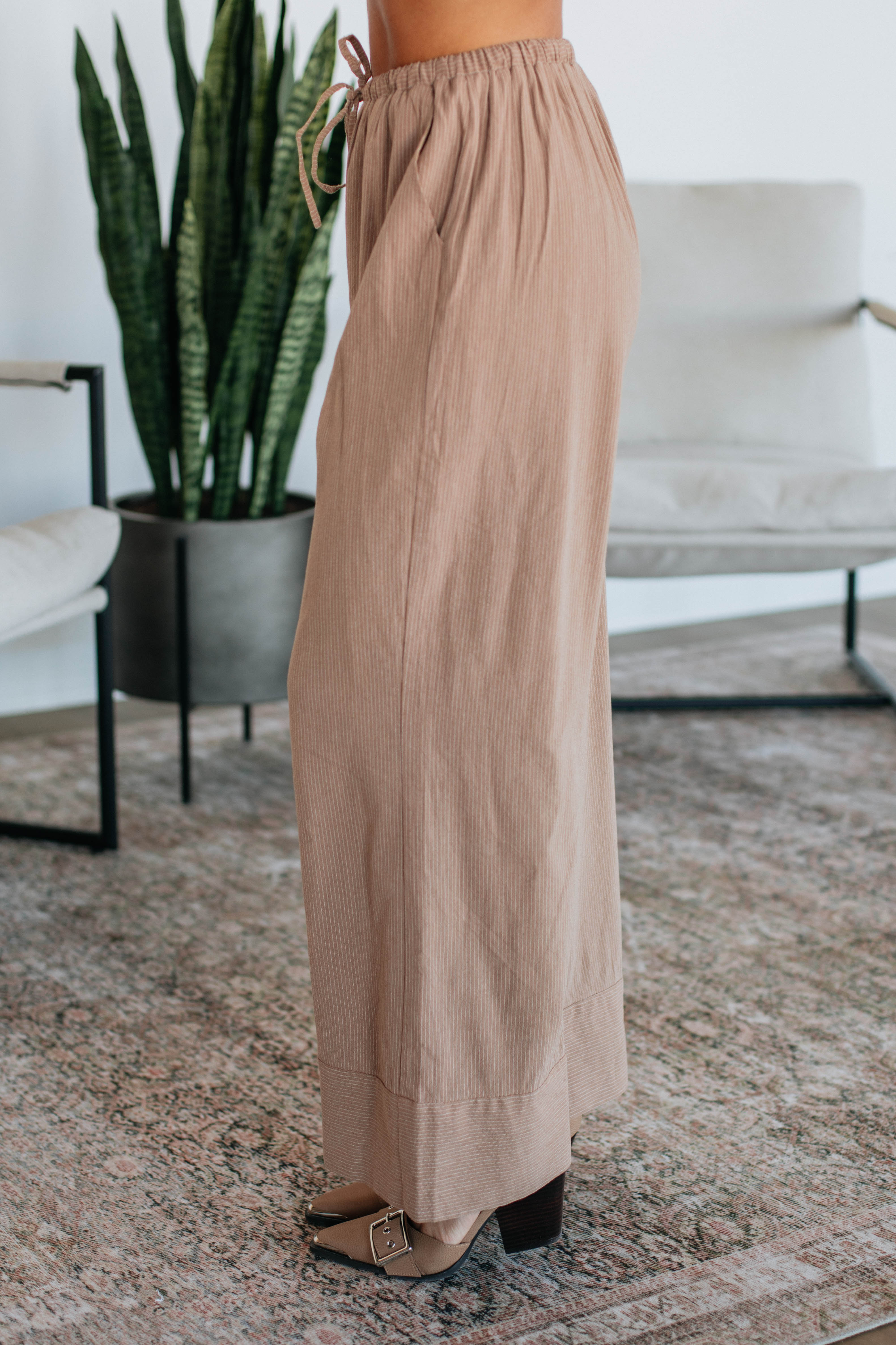 Luvan Women's Striped Pants - Mocha Mix Color, High Waisted Casual Lounge Pants for Work, Travel & Home Comfort