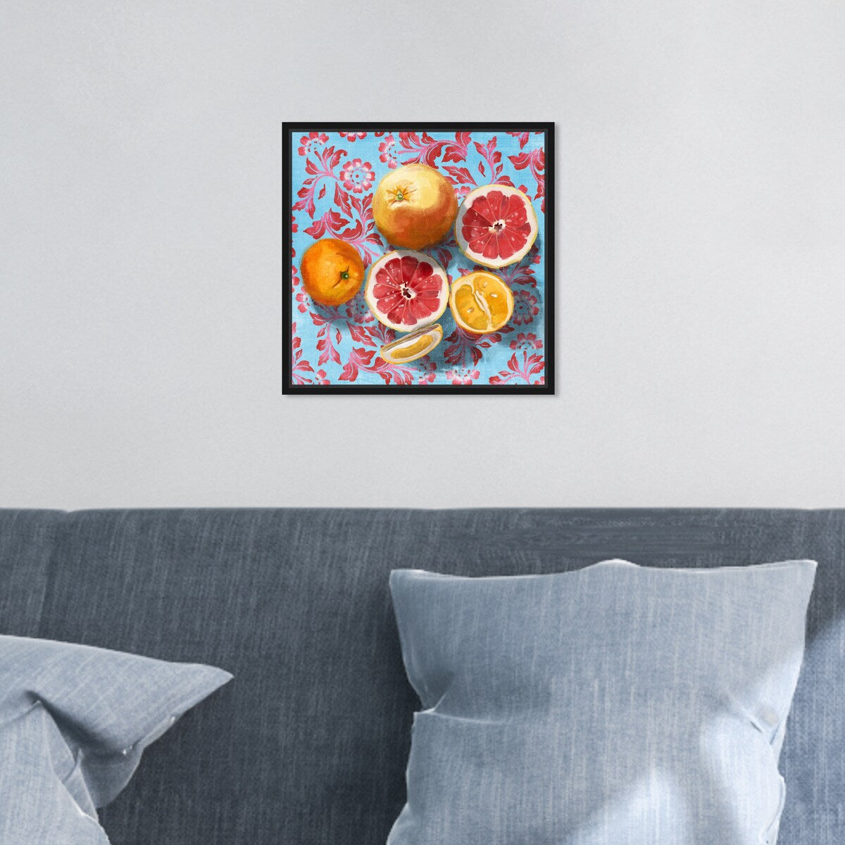 Tropical Citrus Still Life Blue Framed Canvas Wall Art Print - Sour & Vibrant Kitchen Decor for Cabin, Lodge & Home