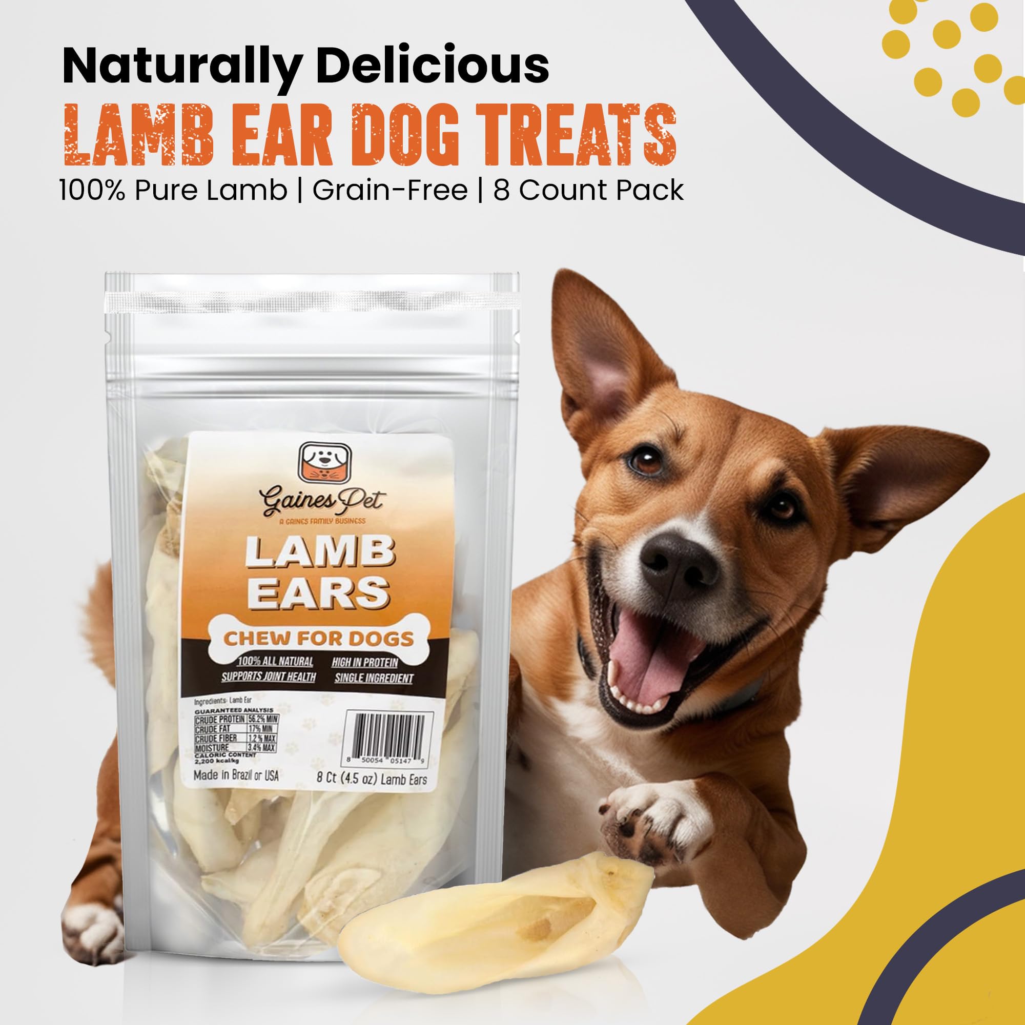 Natural Lamb Ear Dog Treats – Grain-Free, Dental Health Chews for Pets – 8 Count – Perfect for Training & Anxiety Relief