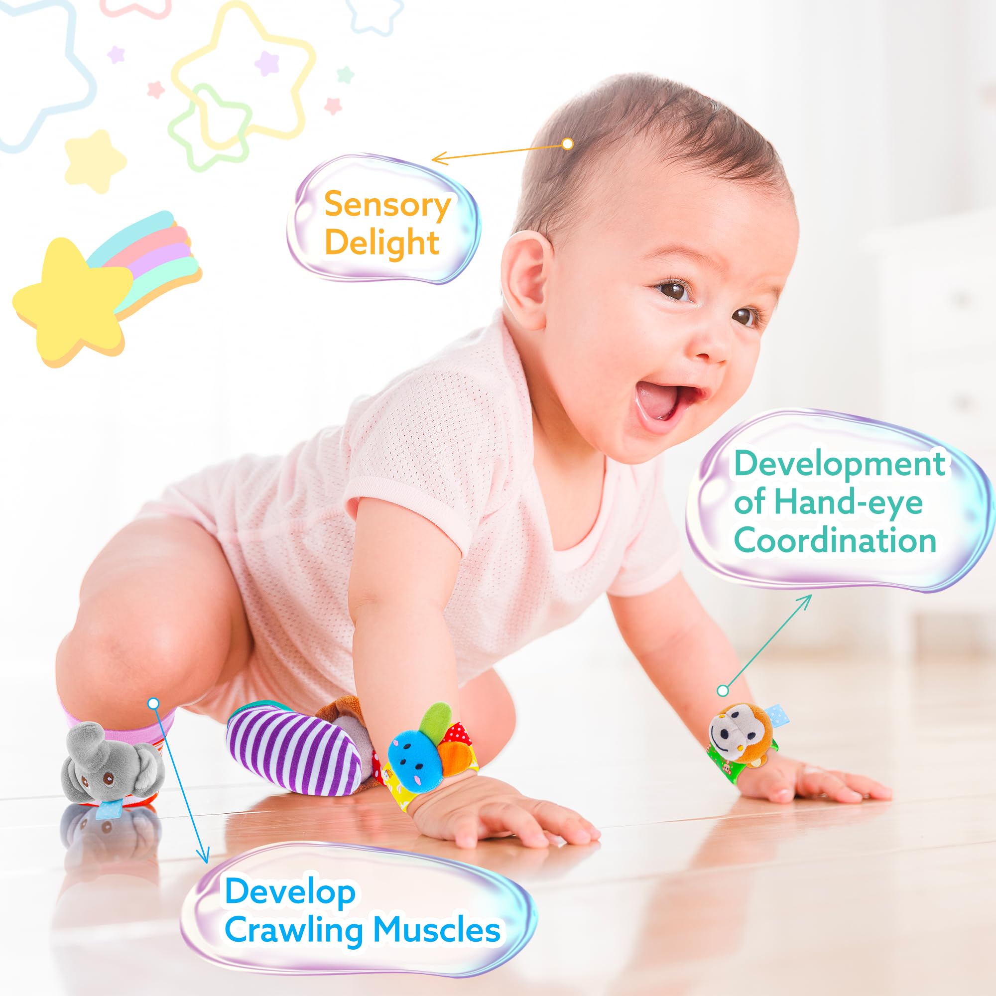 **Soft Baby Rattle Socks & Wristband Set - Sensory Toys for Infants 0-12 Months | Cute Cotton Rattle Accessories for Boys & Girls | Perfect Baby Shower Gift & Early Learning Playtime**    *(Ideal for Tummy Time, Sensory Development, and Newborn Play Stimulation)*