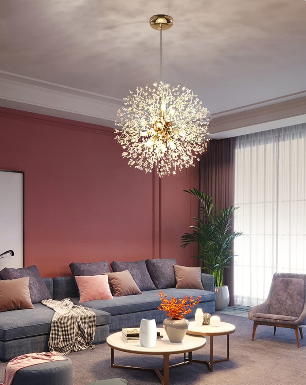 12-Light Modern Gold Crystal Chandelier - Dandelion Firework Design Ceiling Light Fixture for Bedroom, Dining Room & Living Room | Elegant Home Decor Lighting for Weddings, Parties & Luxury Interiors