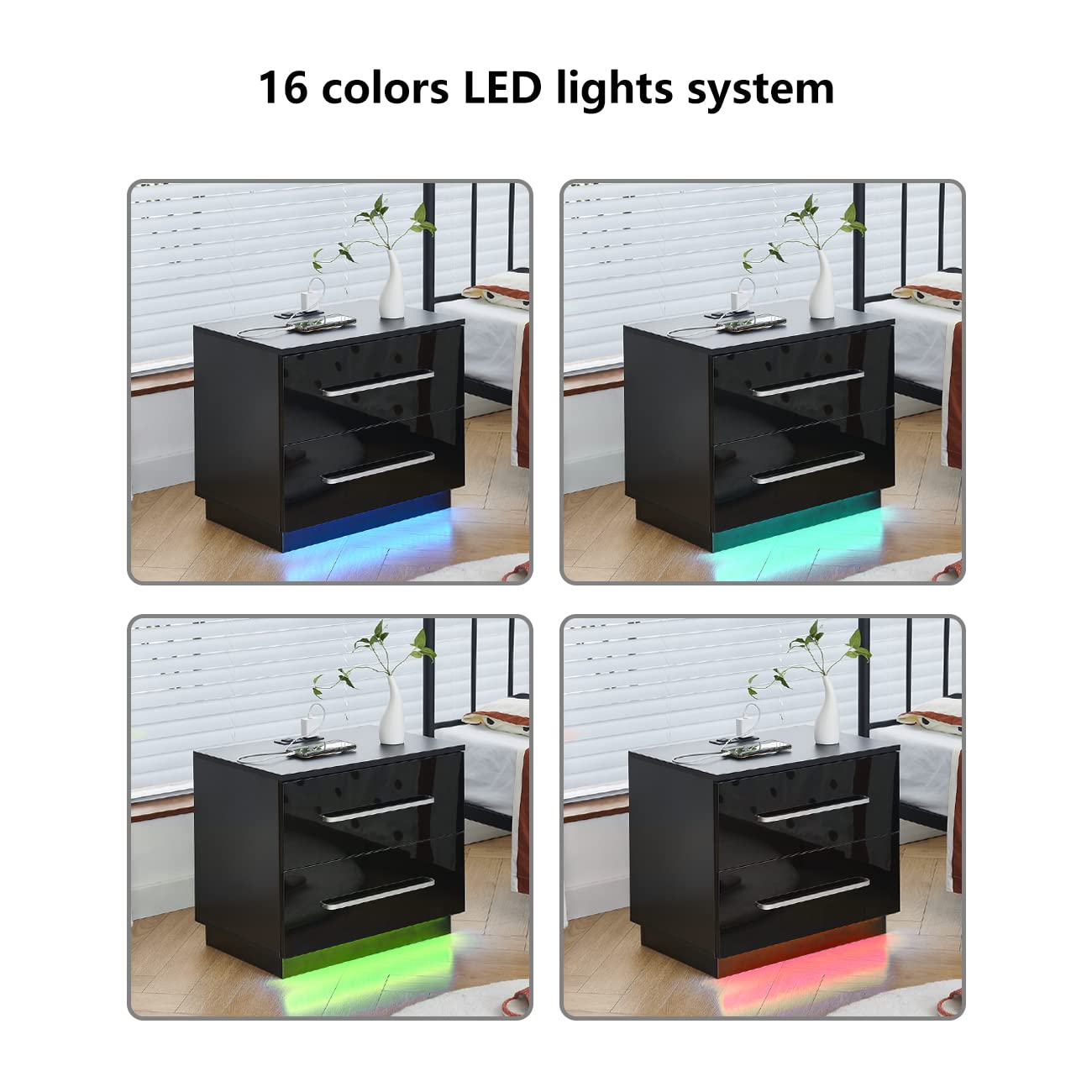 Belifeglory Modern Nightstand with 2 Drawers, USB Charging Station & LED Light - High Gloss Bedside Table, End Table for Bedroom, Living Room - Perfect for Small Spaces, Apartment Furniture, Home Office Organization