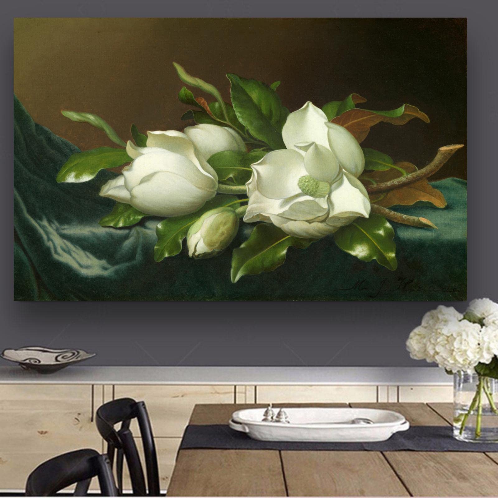 Martin Johnson Heade Magnolias on Blue Velvet Canvas Wall Art - Classic Oil Painting Reproduction, Framed Home Decor for Living Room, Bedroom & Office
