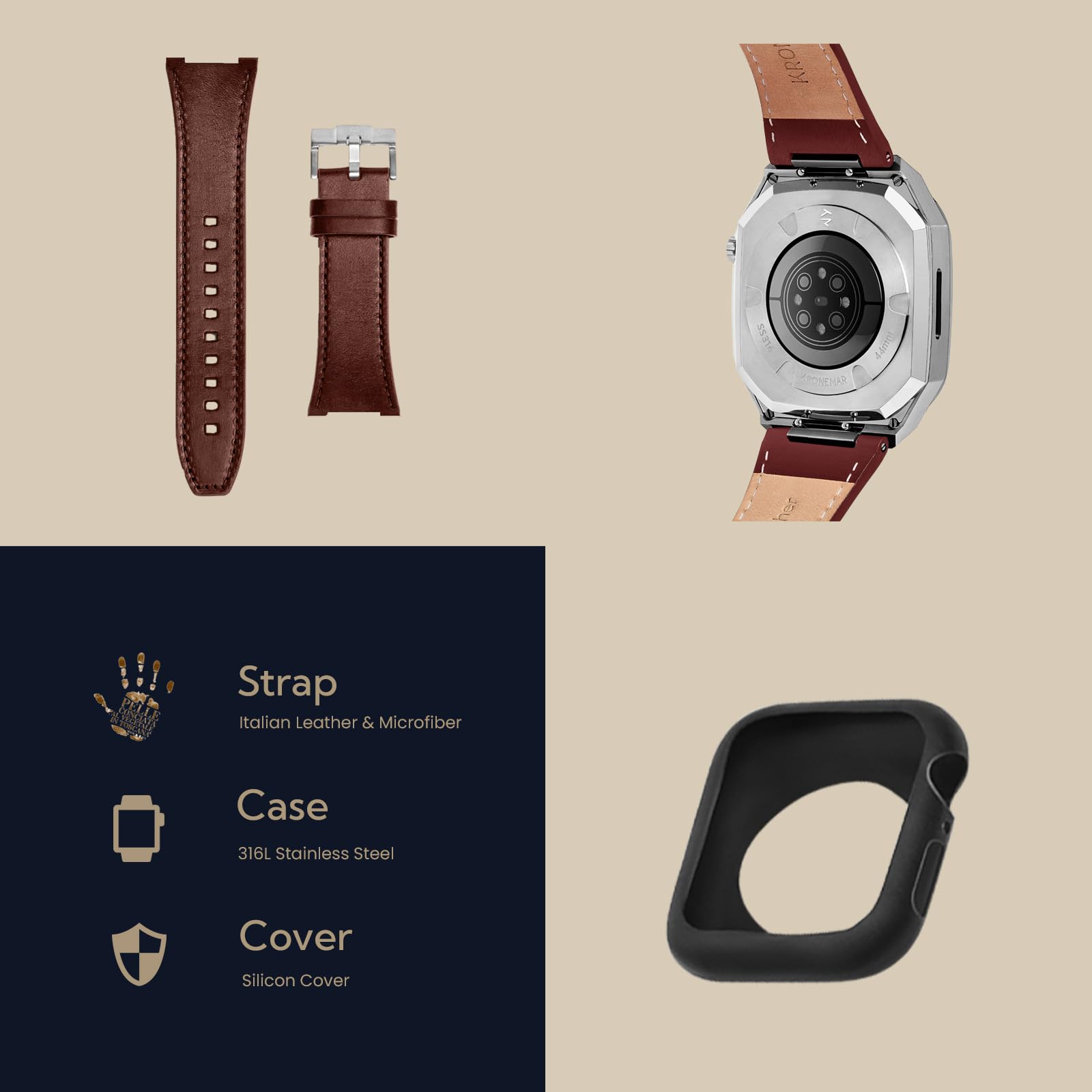 Premium Italian Leather Apple Watch Band & 316L Stainless Steel Case - Compatible with Apple Watch Series 8/7/6/5/4/SE | Luxury Protection for Workouts, Business Meetings & Everyday Wear