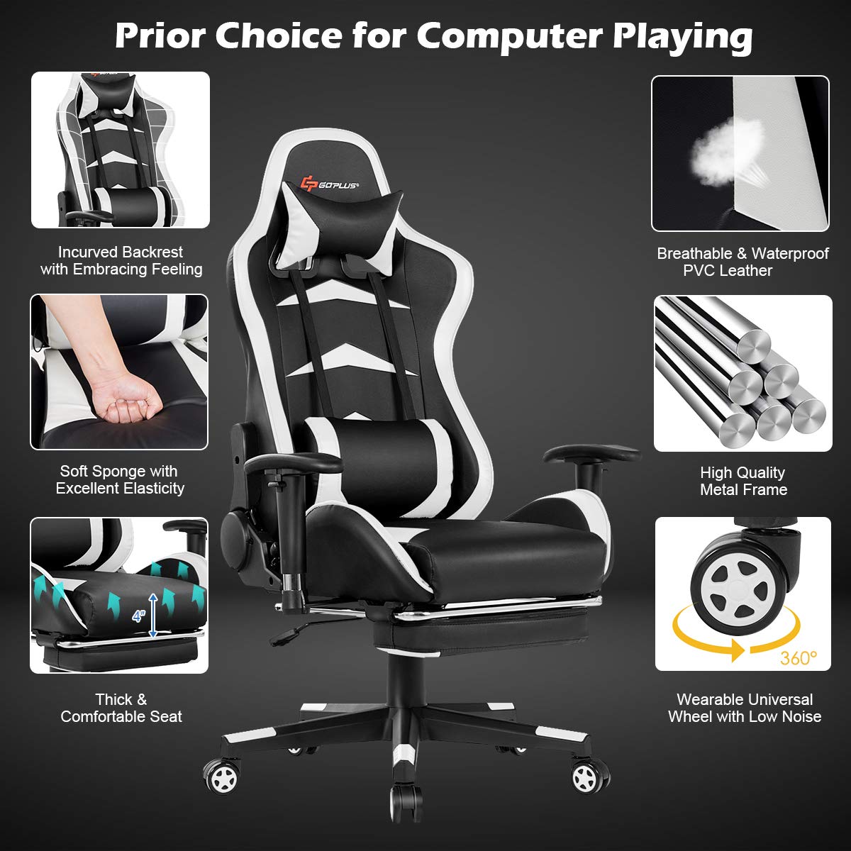 **POWERSTONE Ergonomic Gaming Chair with Adjustable Footrest & Lumbar Massage - Racing Style Computer Desk Chair for PC & Console Gamers - Reclining Office Chair with Headrest & Adjustable Armrests (Black & White) - Perfect for Long Gaming Sessions, Work from Home & Esports**