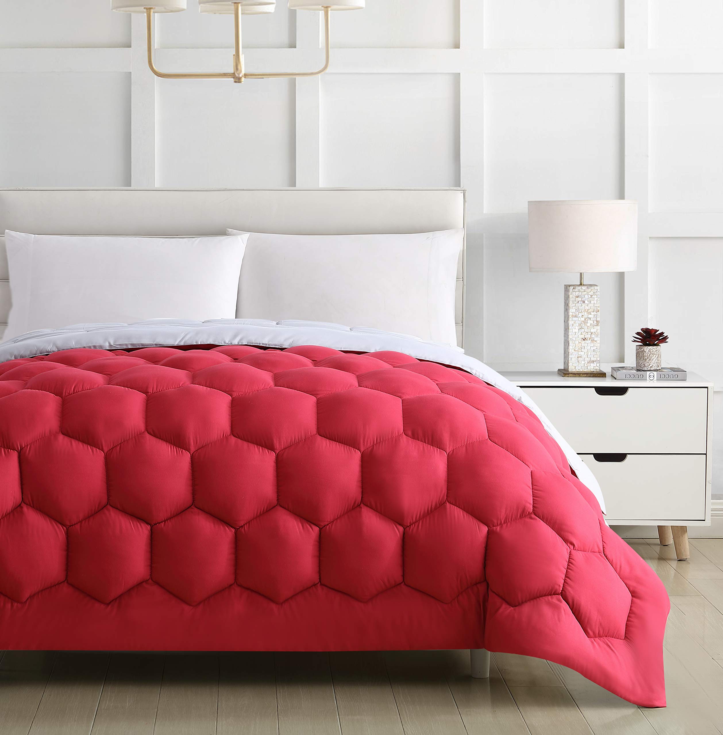SL Spirit Linen Reversible Queen Comforter Set - Honeycomb Design Lightweight Bedding in Cranberry/Grey | Soft Breathable Duvet Cover for All Seasons | Perfect for Master Bedroom, Guest Room & Cozy Home Decor
