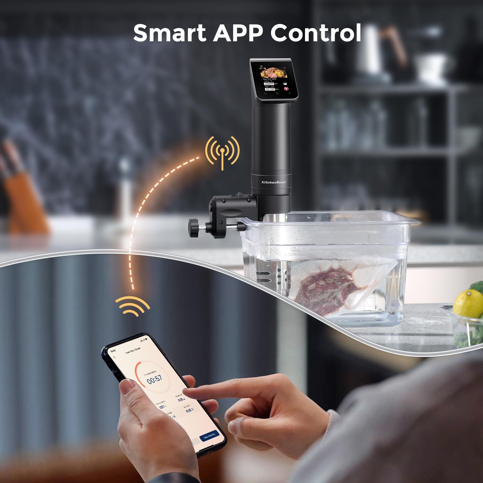 KitchenBoss WIFI Sous Vide Cooker - 1100W Ultra-Quiet Immersion Circulator with TFT Preset Recipes | Stainless Steel Precision Cooker for Steak, Chicken, Fish | Perfect for Home Chefs & Restaurant-Quality Meals