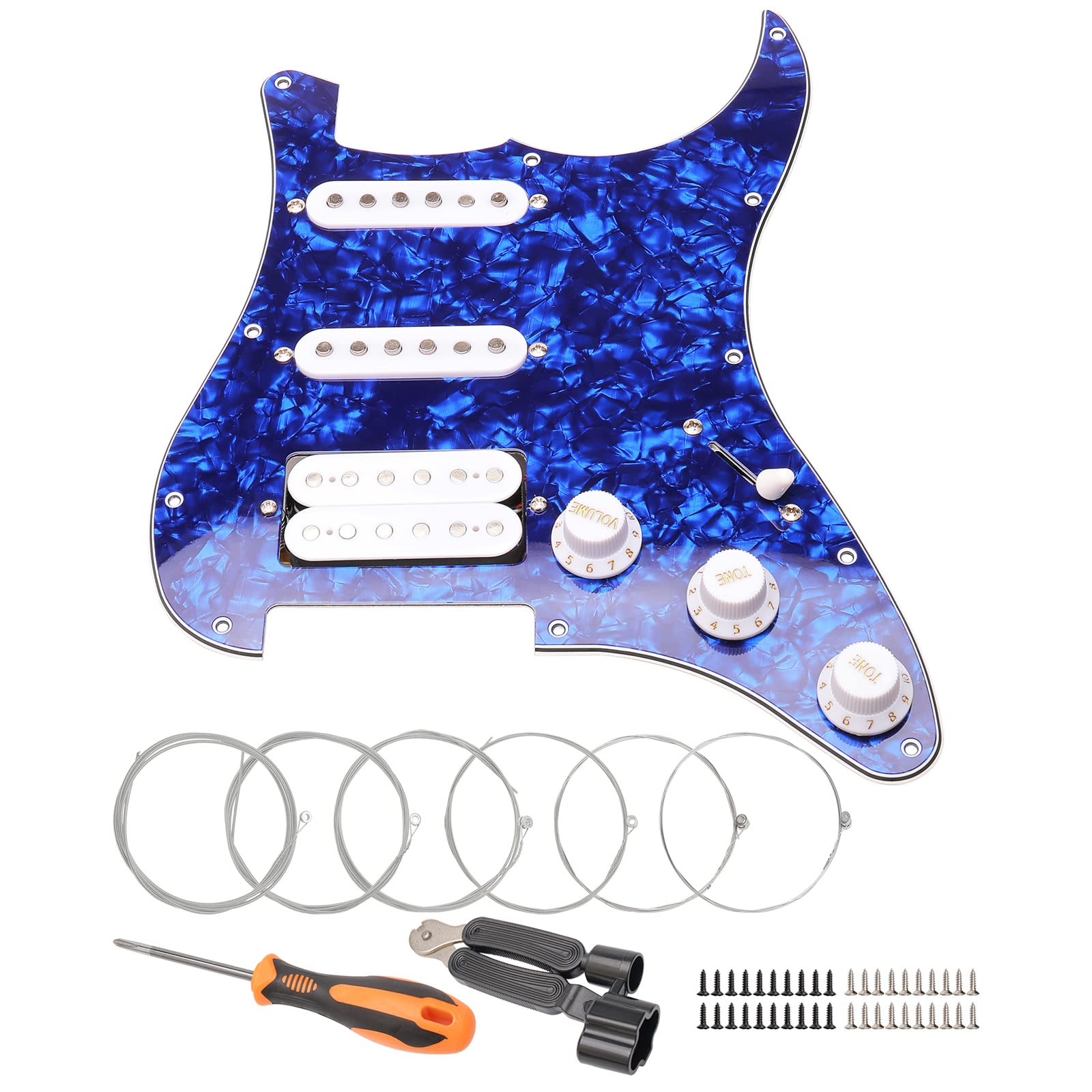 11 Hole Loaded Guitar Pickguard SSH with White Pickup Humbucker - Prewired Scratch Plate Set for Fender Stratocaster, 4 Ply Blue Pearl - Includes Guitar Strings & Installation Tools - Perfect for Electric Guitar Upgrades & DIY Repairs