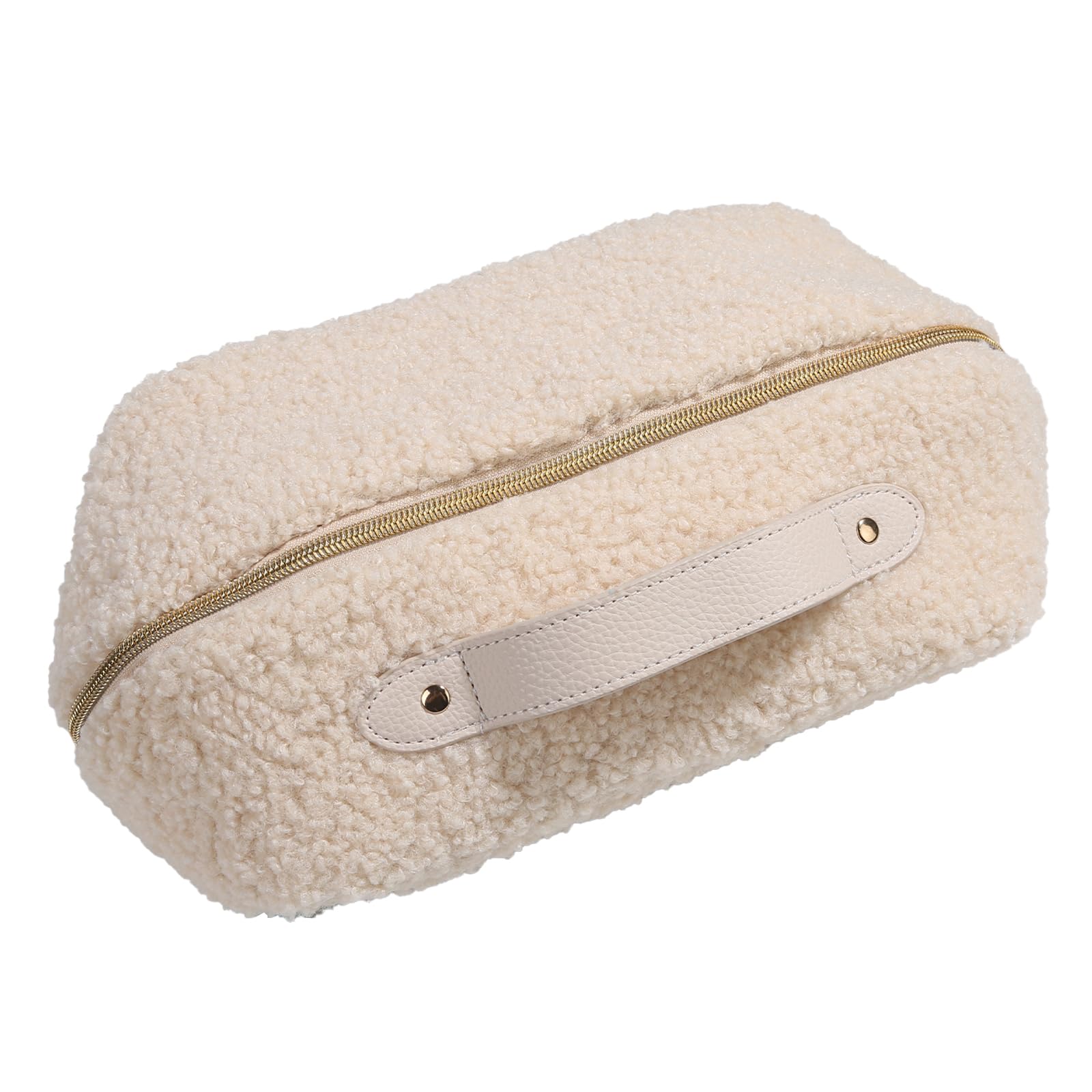 Large Capacity Travel Makeup Bag - Cute Plush Cosmetic Organizer with Handle & Divider, Portable Toiletry Pouch for Women (White) | Perfect for Travel, Gym, Daily Use & Gift Giving