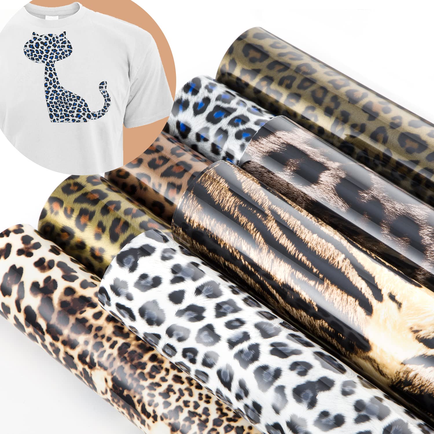 Ohuhu 8 Pack Leopard Print Heat Transfer Vinyl Sheets - Premium HTV Vinyl for DIY T-Shirts, Hats & Fabric Crafts | Works with Heat Press & Cutter Machines | Perfect for Mothers Day, Fathers Day Gifts & Custom Apparel Projects