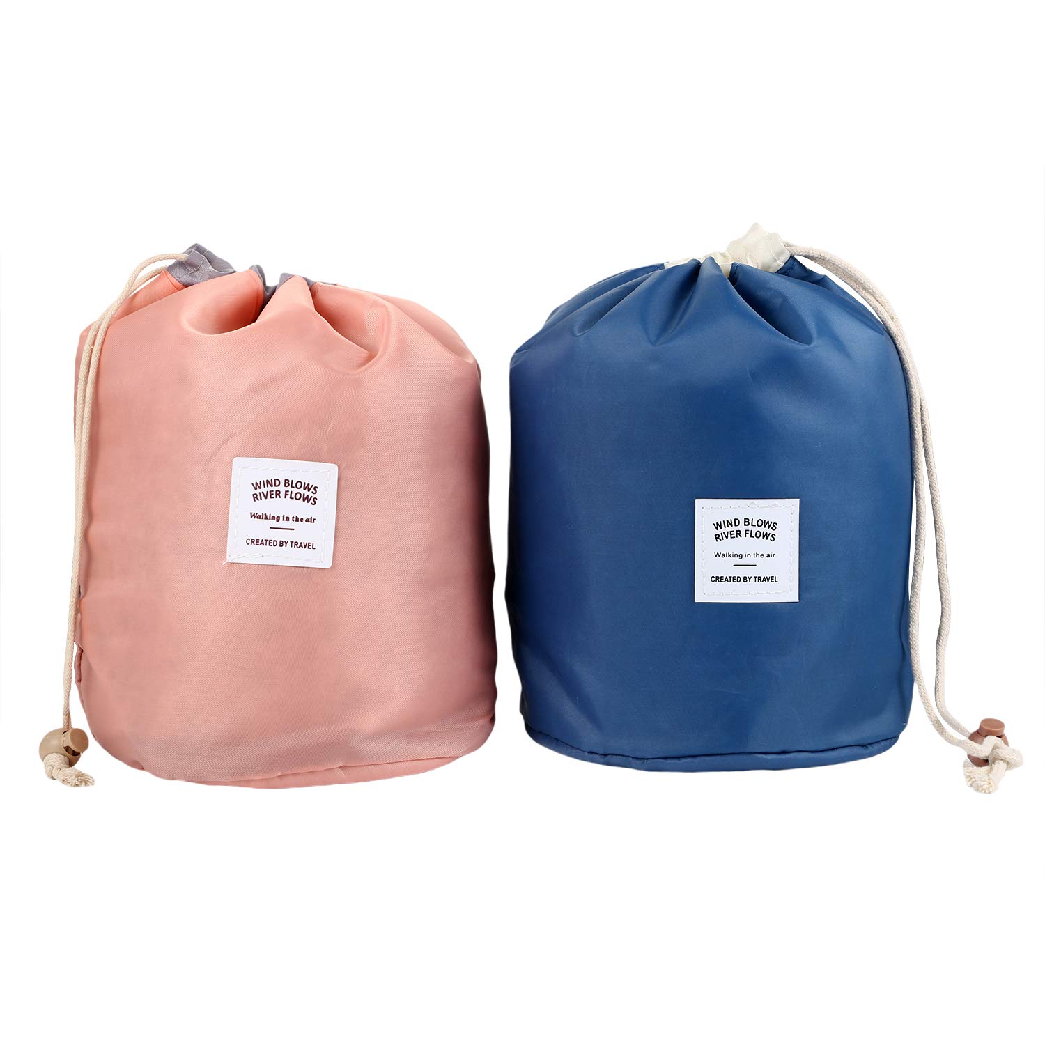 Vtrem 2 Pack Waterproof Foldable Drawstring Cosmetic Bags - Portable Travel Makeup & Toiletry Organizer Set for Women (Pink + Blue) | Ideal for Gym, Beach, Camping & Daily Bathroom Storage