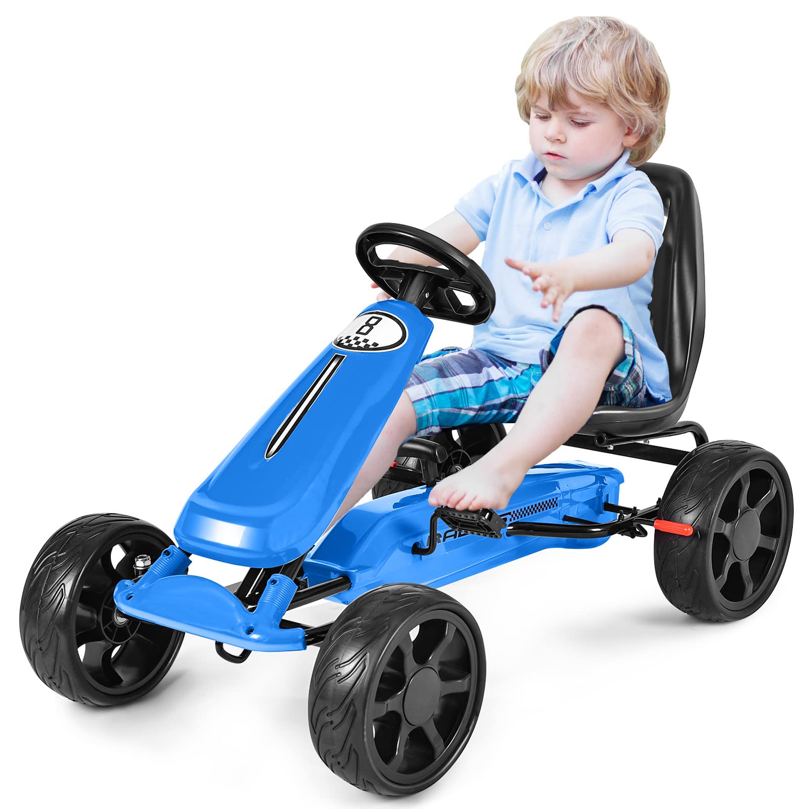 OLAKIDS 4 Wheel Pedal Go Kart for Kids - Adjustable Bucket Seat, EVA Tires, Clutch & Manual Brake - Outdoor & Indoor Ride On Toy Car for Boys & Girls (Blue) - Perfect for Backyard Play, Driveway Racing & Indoor Fun