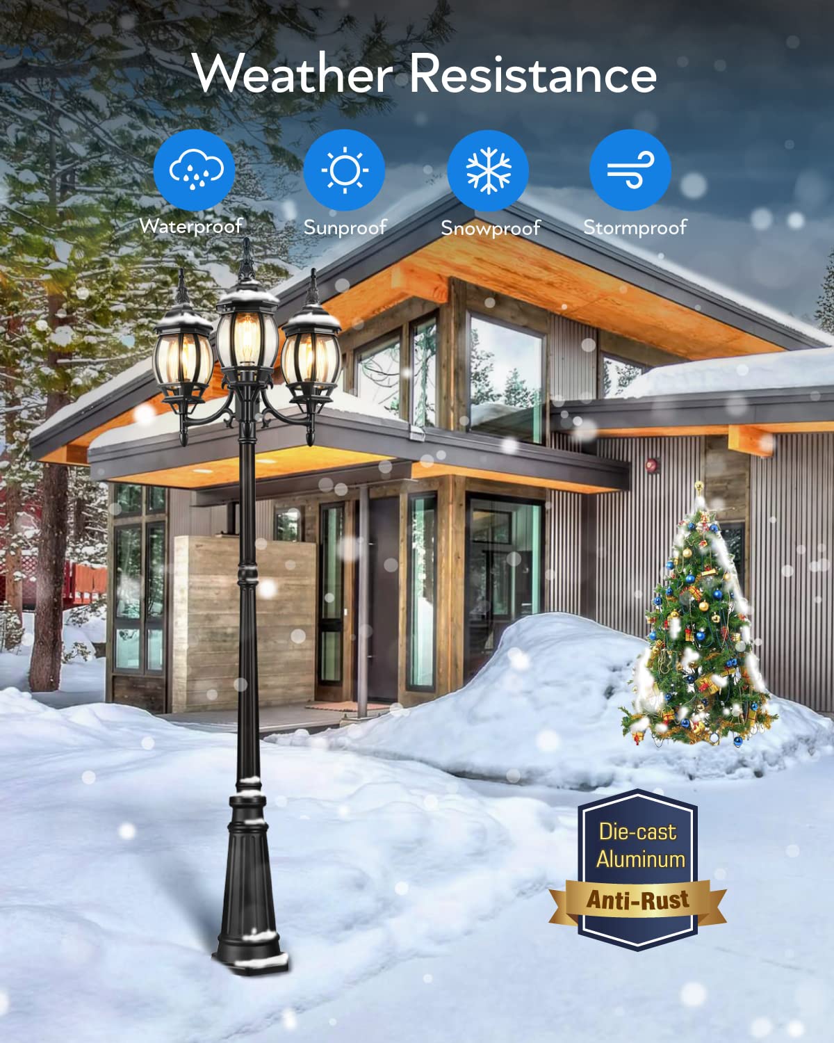 VIANIS 3-Head Outdoor Lamp Post with Dusk to Dawn Sensor - Waterproof Aluminum Street Light with Tempered Glass for Garden, Backyard, Driveway & Christmas Decor - Perfect for Landscape Lighting and Holiday Illumination