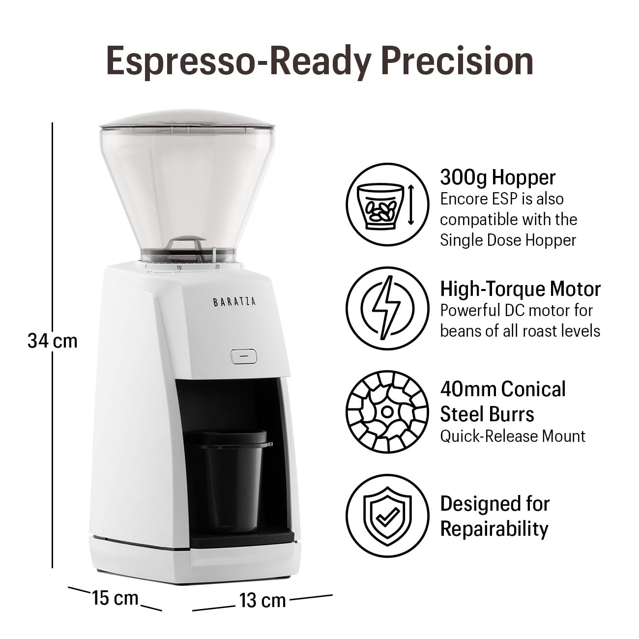 Baratza Encore ESP Coffee Grinder ZCG495WHT - Premium Electric Burr Grinder for Espresso & Drip Coffee - Perfect for Home Baristas & Coffee Enthusiasts - White