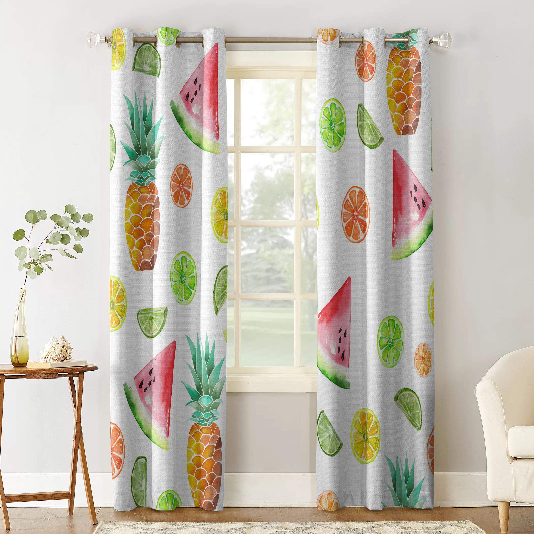 Grommet Curtain Panels for Windows - Watercolor Fruit Print (Watermelon, Orange, Lemon) - 52x84 Inch Set of 2 Panels - Perfect for Bedroom, Living Room & Kitchen Decor - Blackout Window Treatments for Home & Office