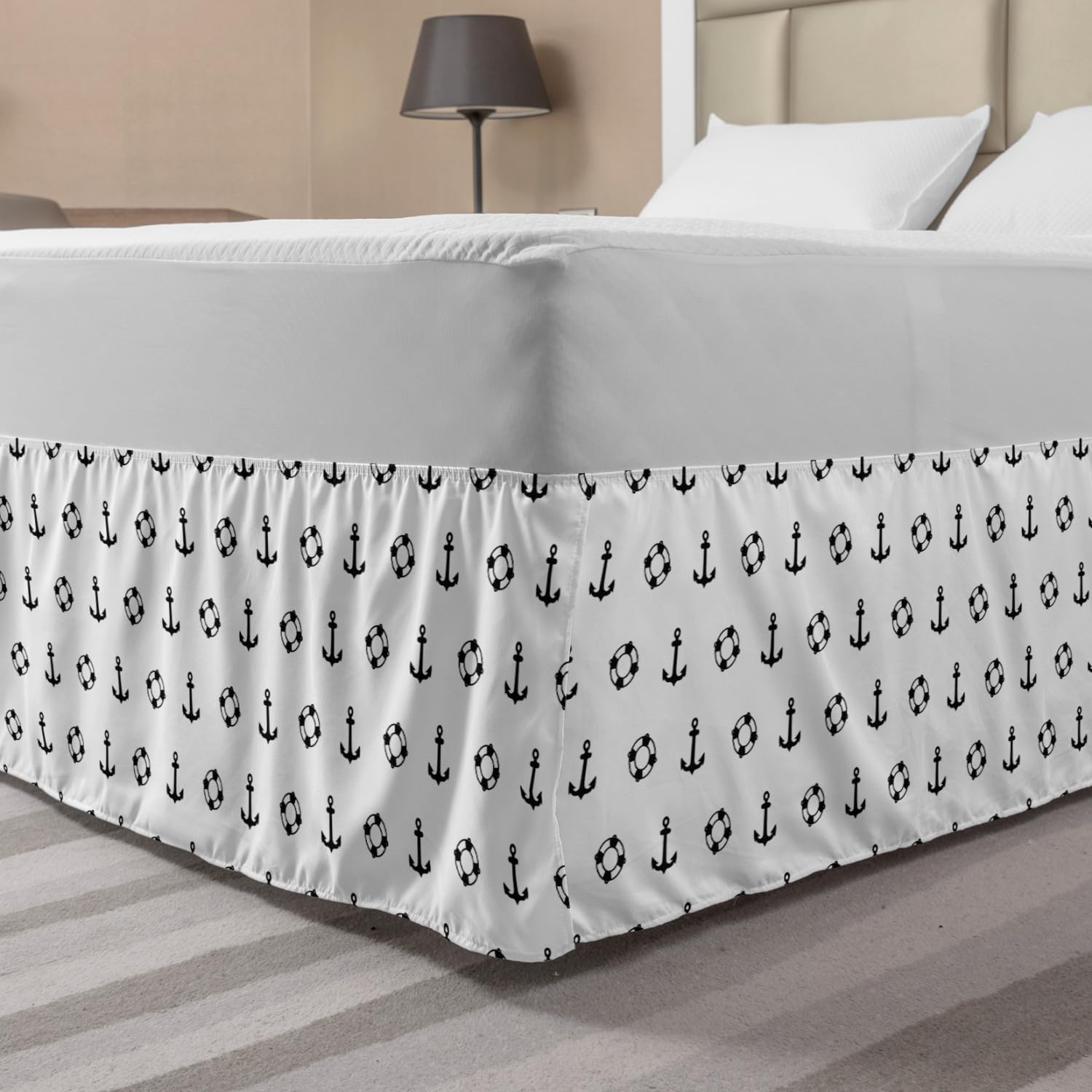 Ambesonne Nautical Elastic Bed Skirt - Maritime Anchor & Ocean Pattern Wrap Around Dust Ruffle for Queen Size Beds | Navy Blue & White Striped Design | Perfect for Coastal & Beach Themed Bedrooms