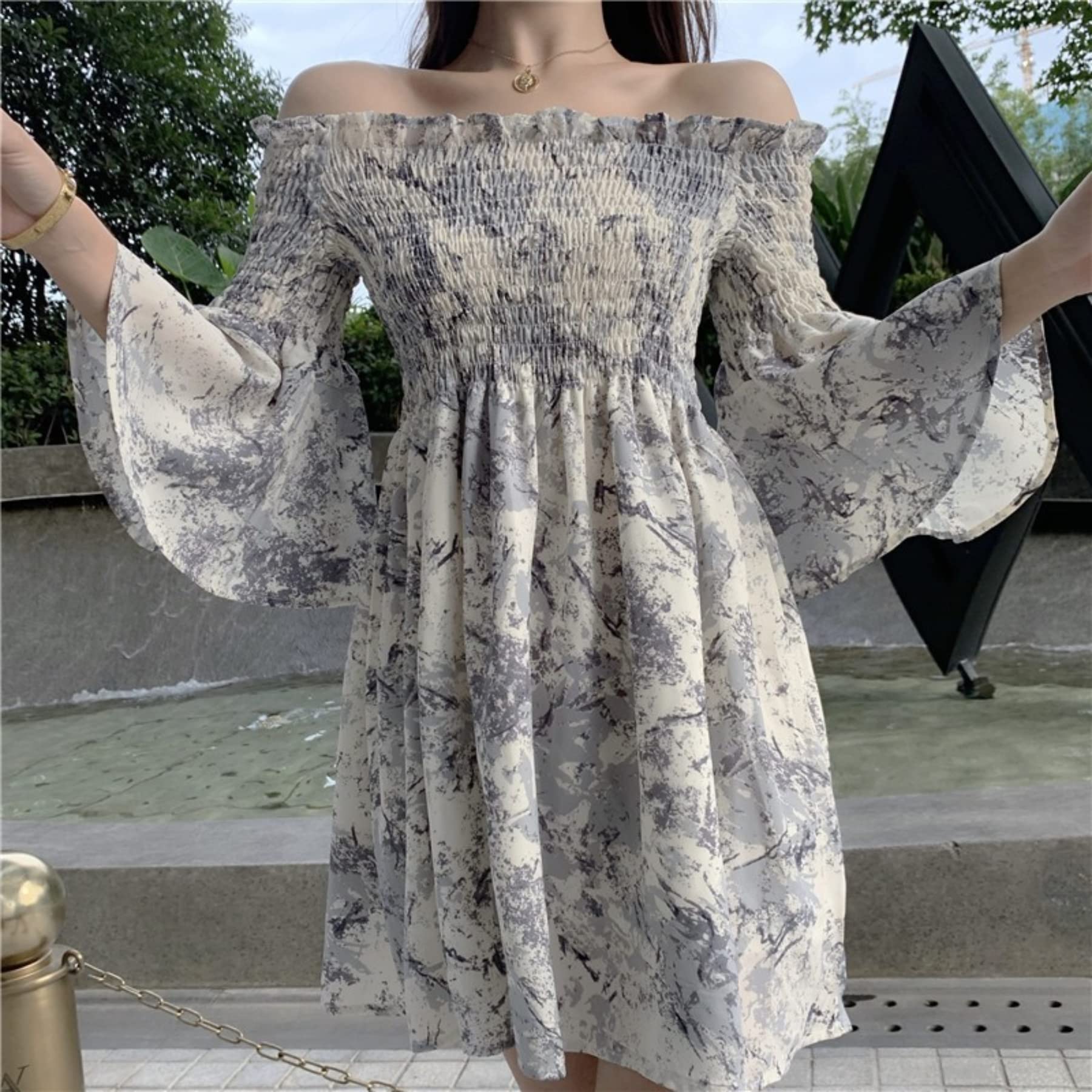 AONUOWE Women's Floral Print Off Shoulder Dress - High Waist Summer Casual Dress for Beach, Vacation & Date Night | Aesthetic Fashion