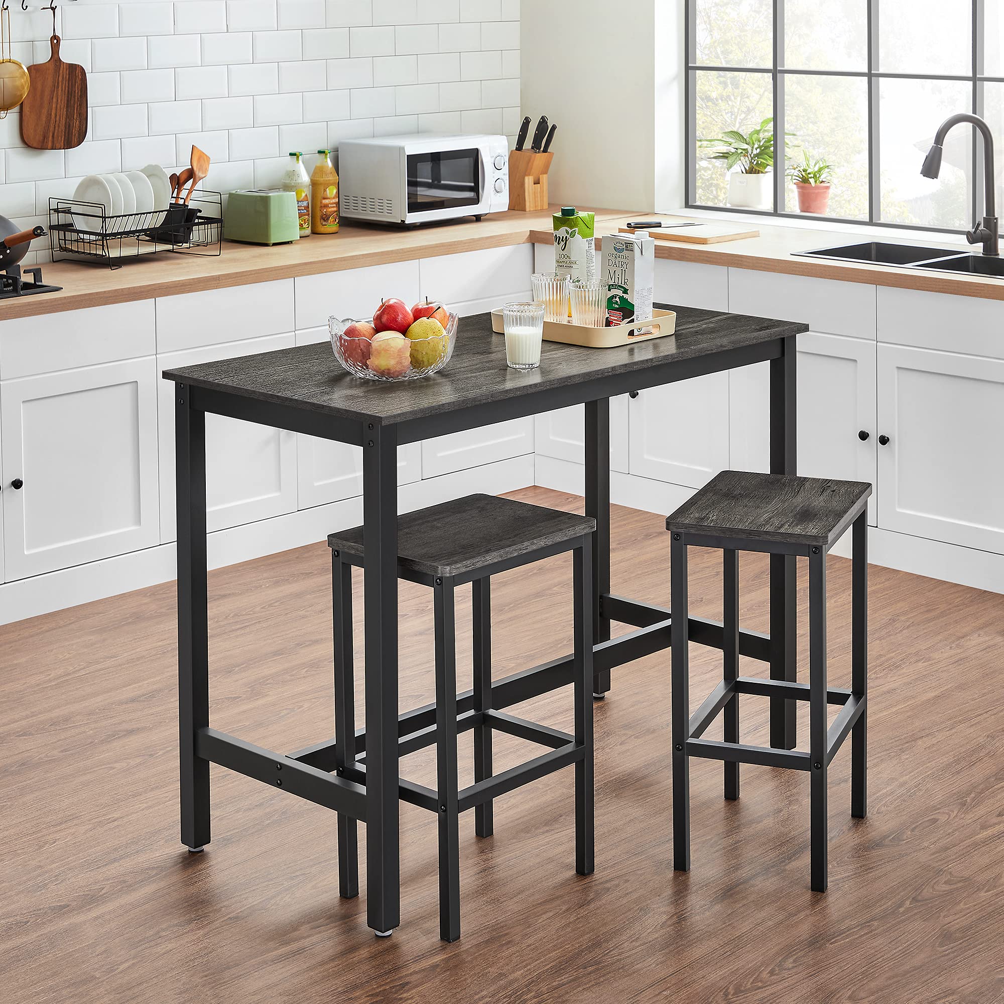 VASAGLE Industrial Bar Stools Set of 2 - Adjustable Height Kitchen Counter Stools with Footrest, Charcoal Gray & Black Metal Bar Chairs for Breakfast Nook, Living Room, Party Room & Home Bar Decor - ULBC065B04