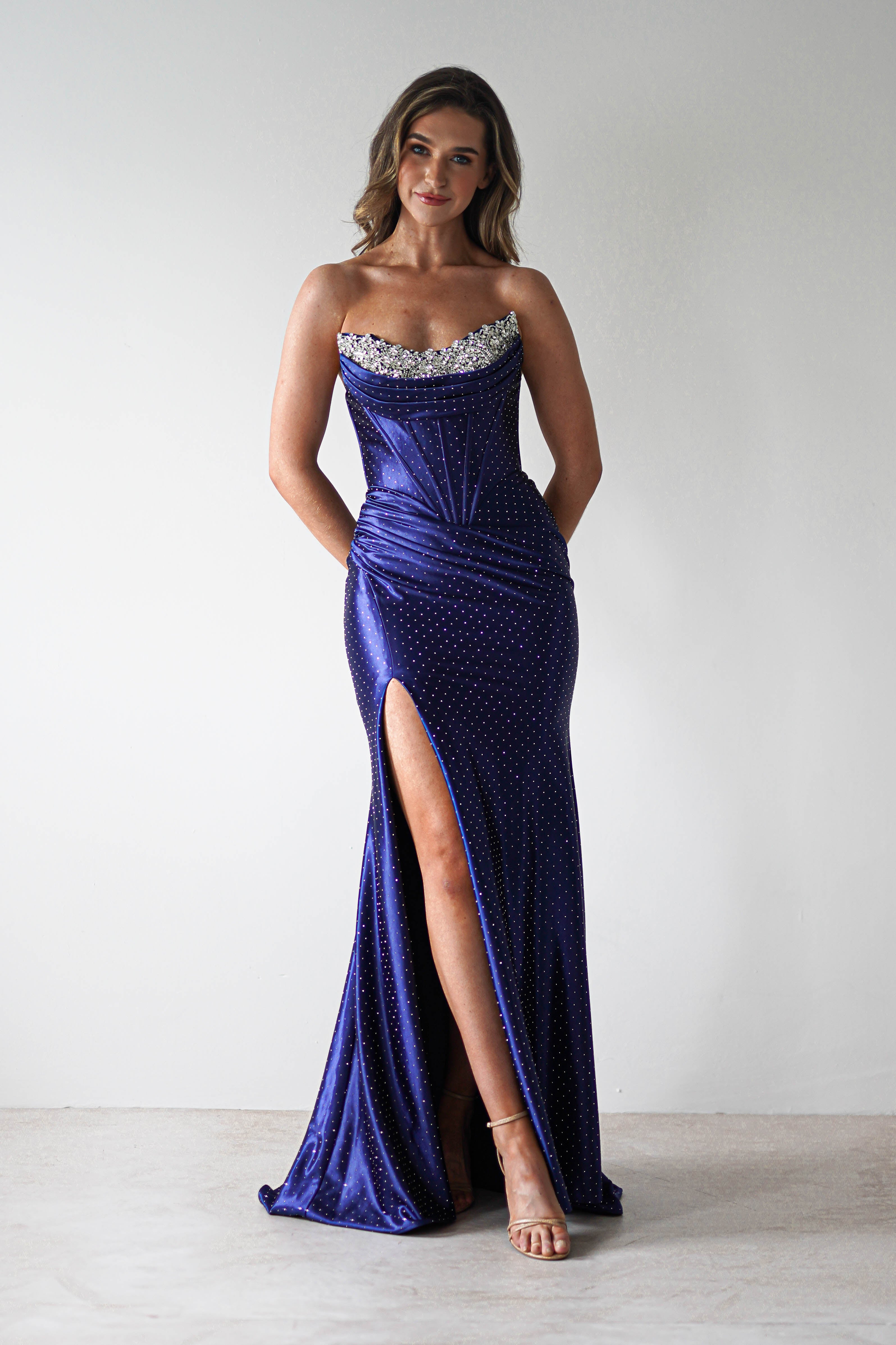 Pranvera Embellished Micro Crystal Gown - Dusty Navy Blue Evening Dress for Prom, Wedding & Special Occasions