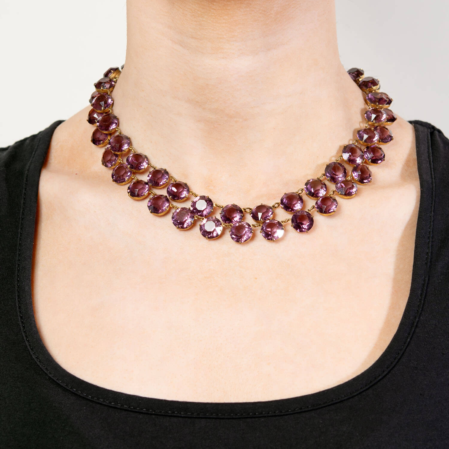 Vintage Brass Purple Glass Double Strand Necklace - Elegant Boho Jewelry for Women, Perfect for Parties, Weddings & Everyday Wear