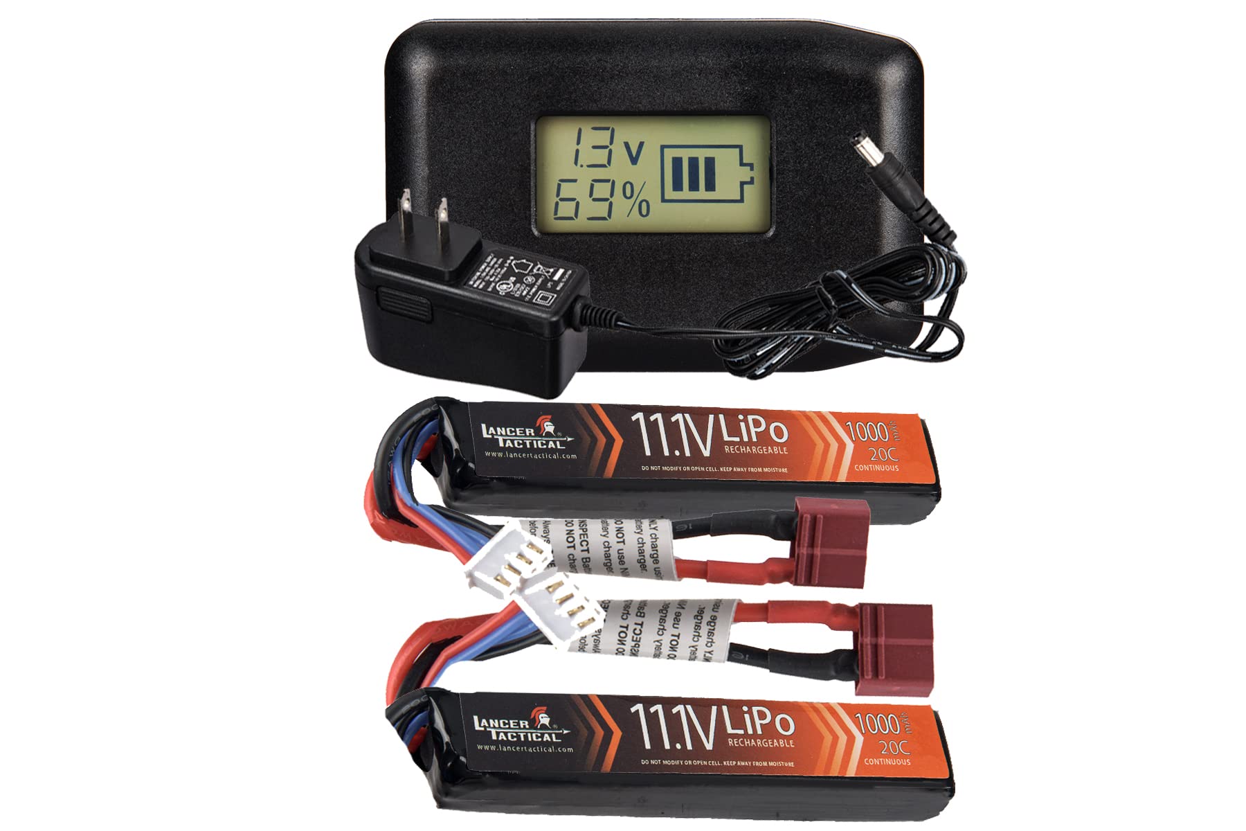 Lancer Tactical 11.1V 1000mAh 20C LiPo Rechargeable Battery Pack with LCD Balance Charger - 2 Pack for Airsoft AEGs, Lancer Gen 3, Proline, Hybrid - Perfect for Airsoft Battles and Extended Gameplay