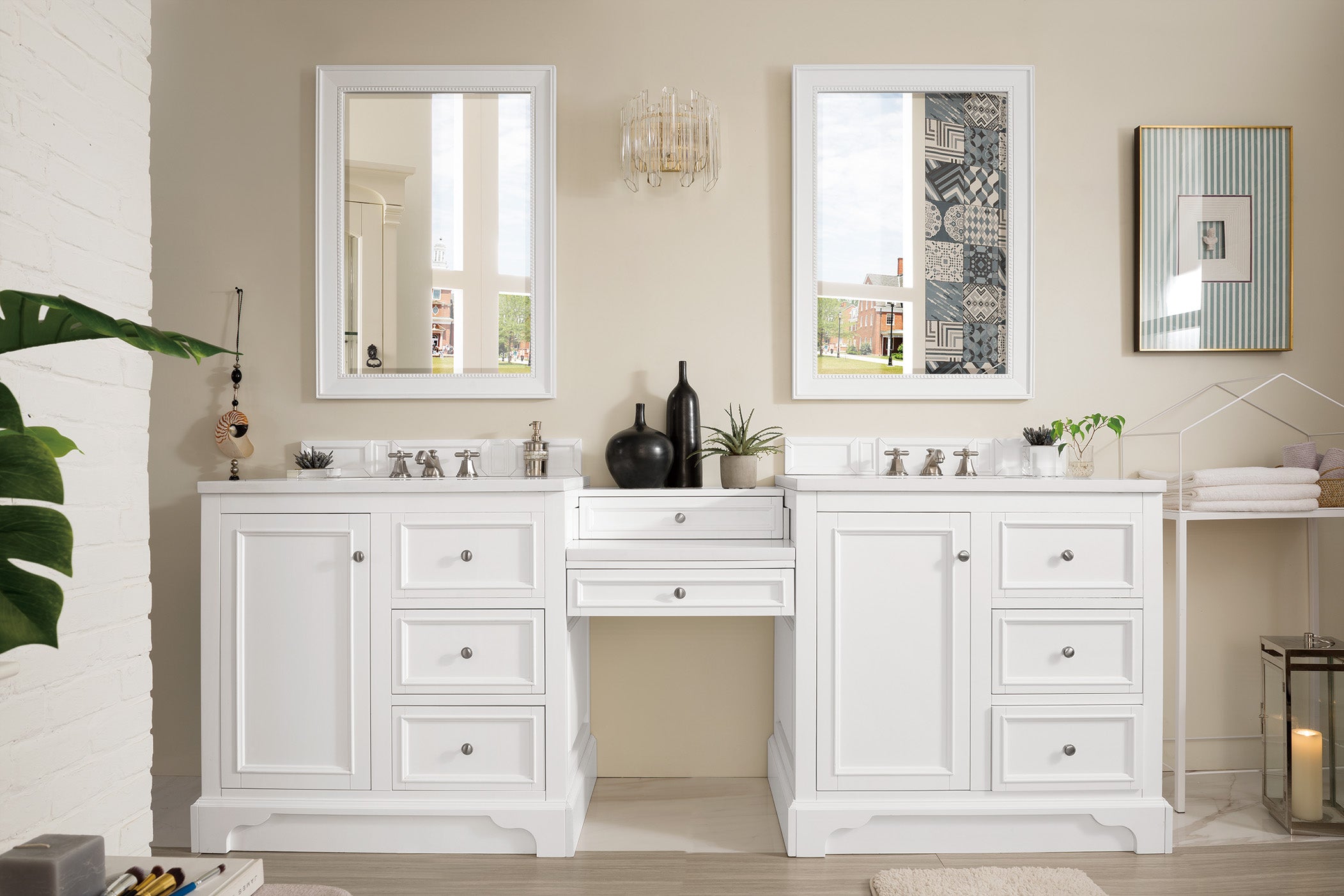 De Soto 94 Double Vanity Set with Makeup Table - Bright White Finish & 3CM White Zeus Quartz Top | Perfect for Bedroom, Bathroom & Dressing Room Organization