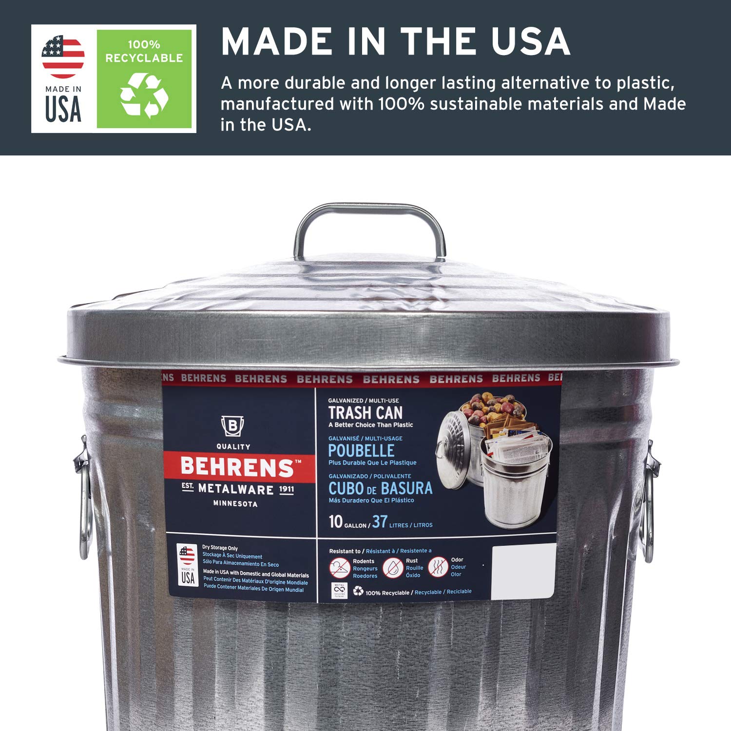 Behrens 6210 10-Gallon Galvanized Steel Trash Can - Heavy Duty Outdoor Garbage Bin for Home, Garage, Office & Commercial Use