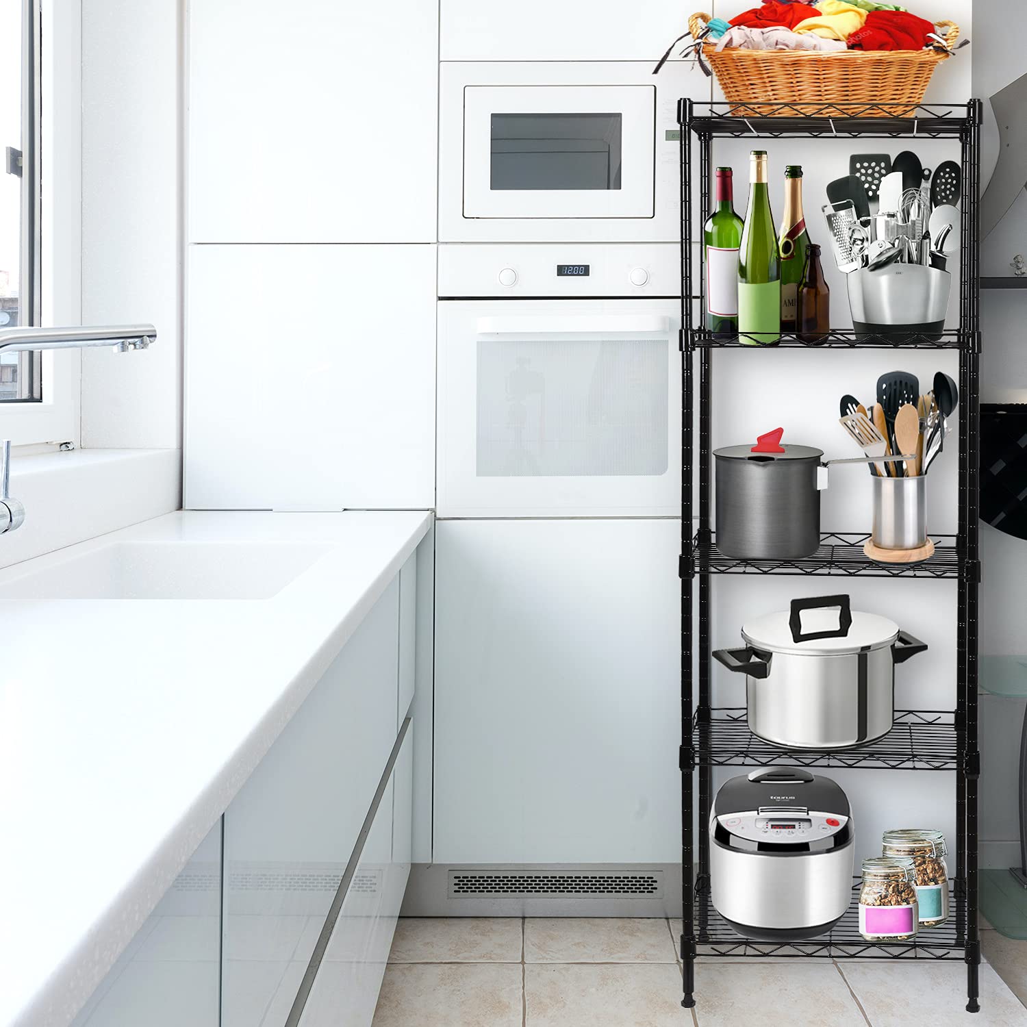 5-Tier Adjustable Metal Wire Shelving Unit - Heavy Duty Storage Rack for Laundry Room, Bathroom, Kitchen, Pantry & Closet Organization (Black, 16.6
