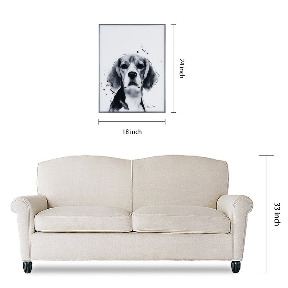 Beagle Black & White Dog Wall Art - Reverse Printed Glass with Gunmetal Frame | Modern Home Decor for Living Room, Bedroom & Office