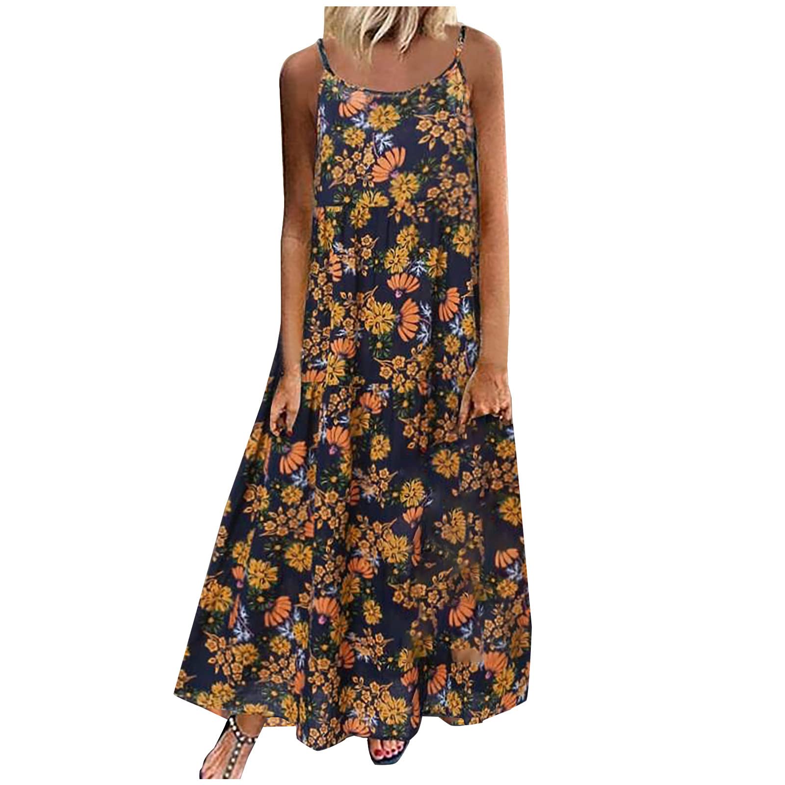Women's Summer Casual Dress - Sleeveless Floral Print Maxi Dress with Round Neck, Loose Pleated Swing & Spaghetti Straps | Perfect for Beach Vacation, Date Night & Summer Parties