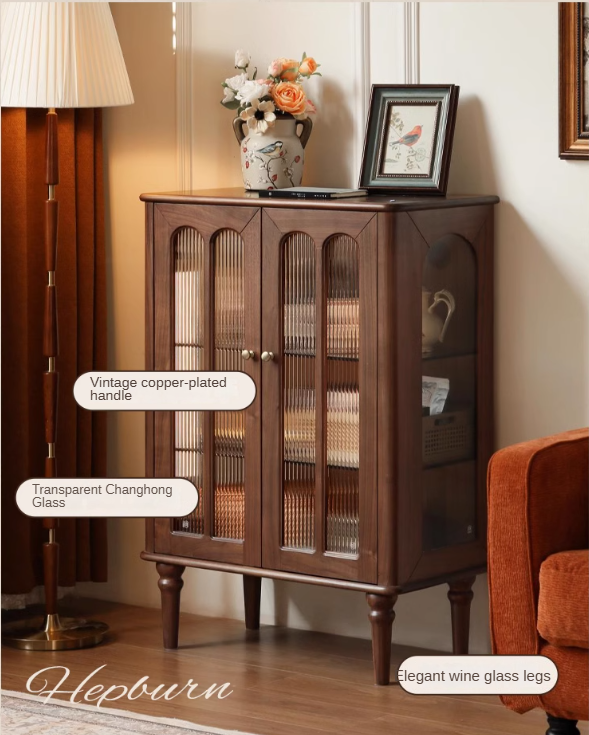 Vintage Black Walnut Solid Wood Side Cabinet - Handcrafted Retro Nightstand for Bedroom, Living Room & Office Storage