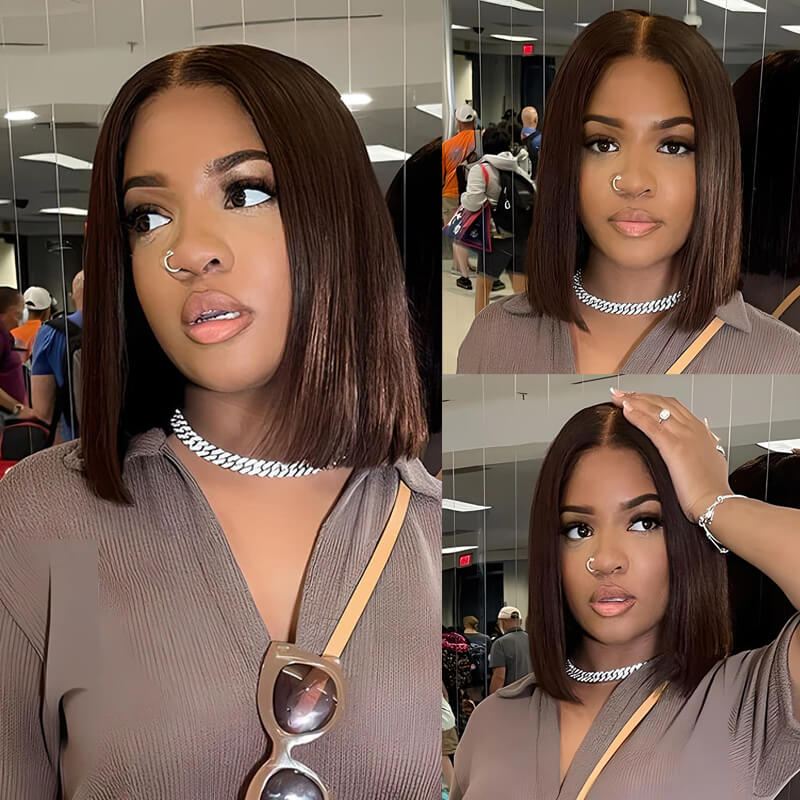 Eullair Short Bob Wigs 13x4 Lace Front Human Hair Wig - Pre-Colored Burgundy Highlight Straight Hairpiece for Women | Perfect for Daily Wear, Cosplay & Special Occasions