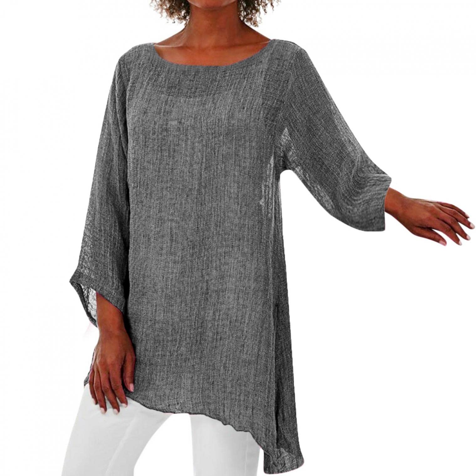 Women's Plus Size Cotton Linen Shirts - Summer Casual Long Sleeve Loose Blouse with Boat Neck | Perfect for Beach Outings, Vacation Wear & Everyday Comfort