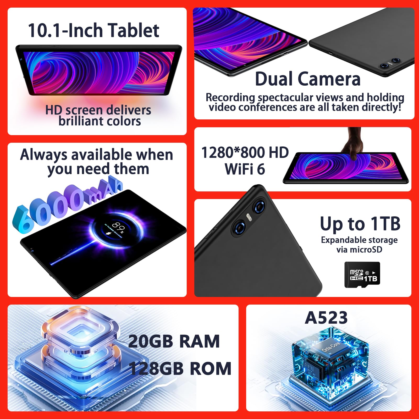 SKYEGG Android 14 Tablet 10.1 Inch - 20GB RAM 128GB ROM (1TB Expandable) Octa-Core Processor, Dual Camera, WiFi 6, GPS, Bluetooth 5.0, 6000mAh Battery with Keyboard & Mouse - Black | Perfect for Work, Study, Streaming & Gaming