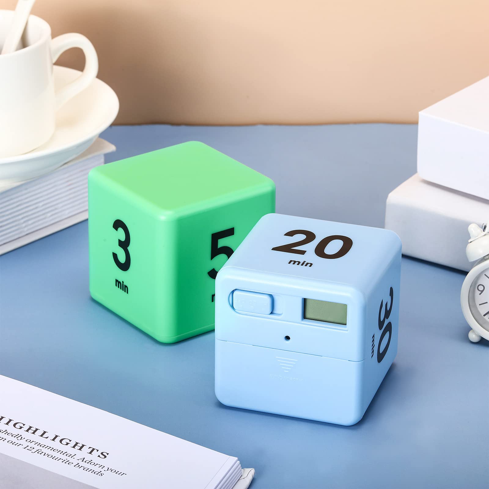 2-Piece Cube Timer Set with Gravity Sensor - 1/3/5/10 & 15/20/30/60 Minute Intervals (Green & Blue) - Perfect for Kids' Workouts, Classroom Activities, and Family Game Time Management