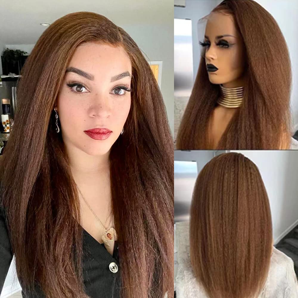 Imeya 13x6 HD Lace Front Human Hair Wig - Brown Kinky Straight Brazilian Yaki Hair with Baby Hair & Pre-Plucked Hairline | 150% Density 24 Inch Natural Looking Wig for Black Women | Perfect for Daily Wear, Cosplay, Parties & Special Occasions